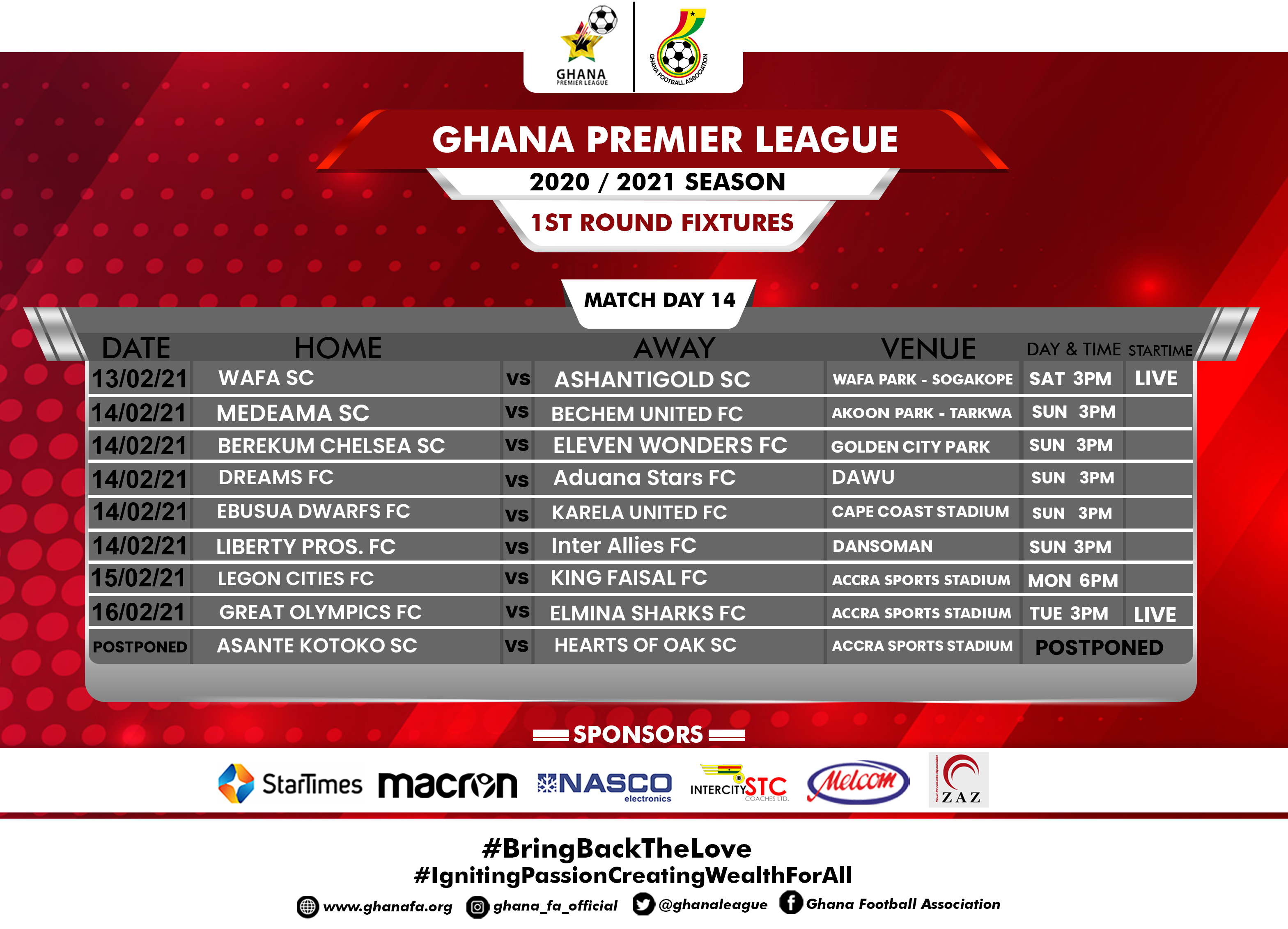 Announcement Adjustment to match day 14 fixture list Ghana Football 