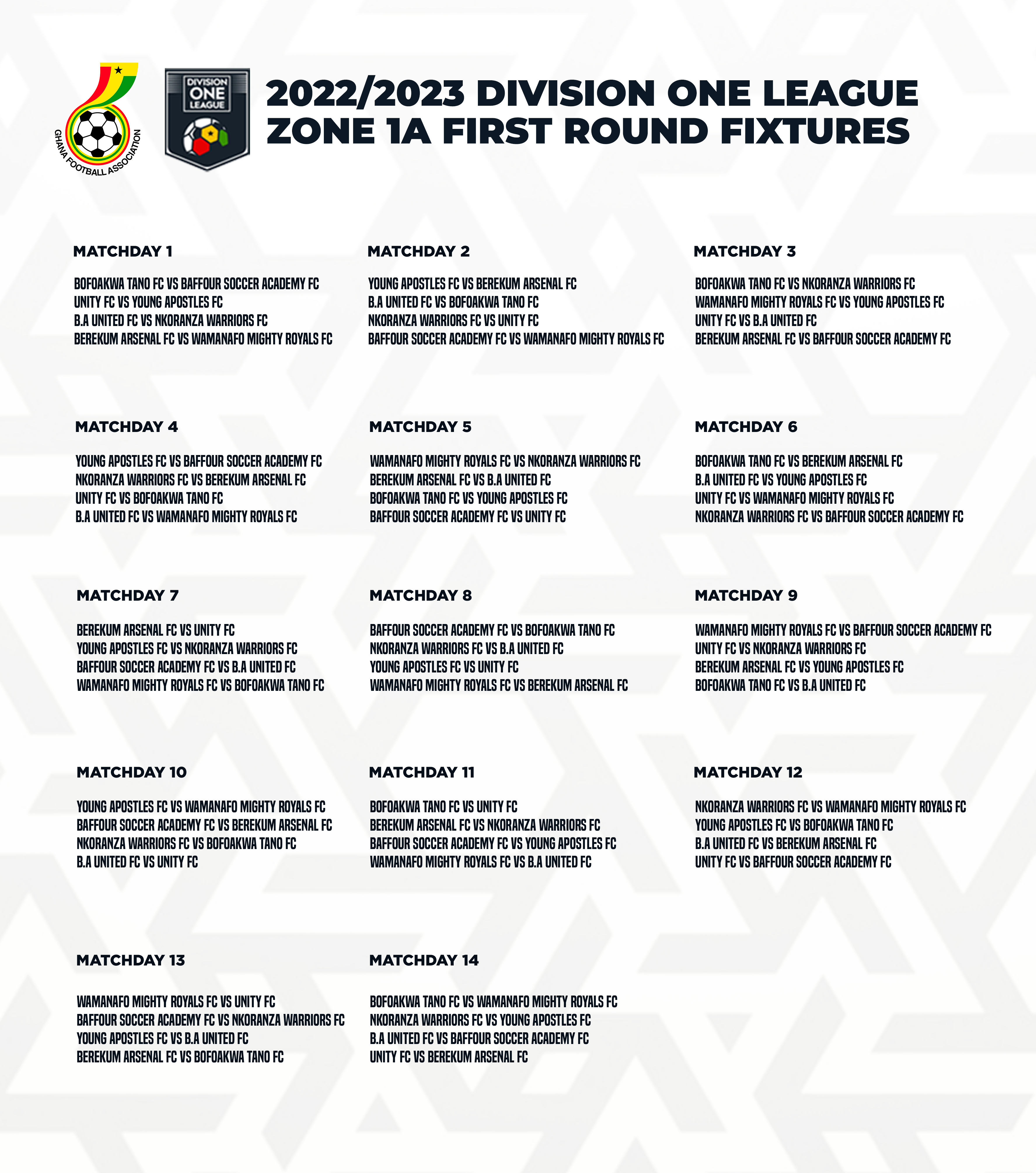 2022/23 Division One League fixtures - Zone 1A & 1B