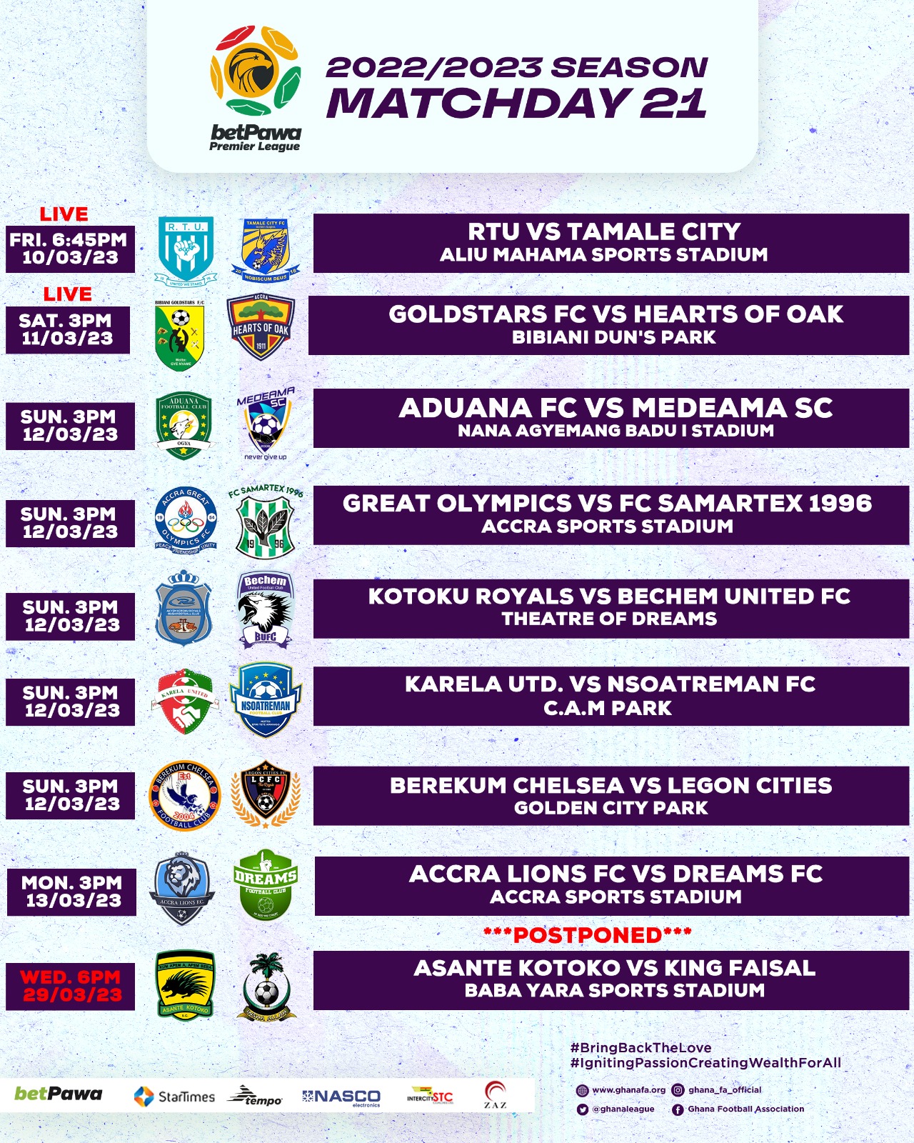 betPawa Premier League Matchday 21 and Matchday 22 schedule confirmed