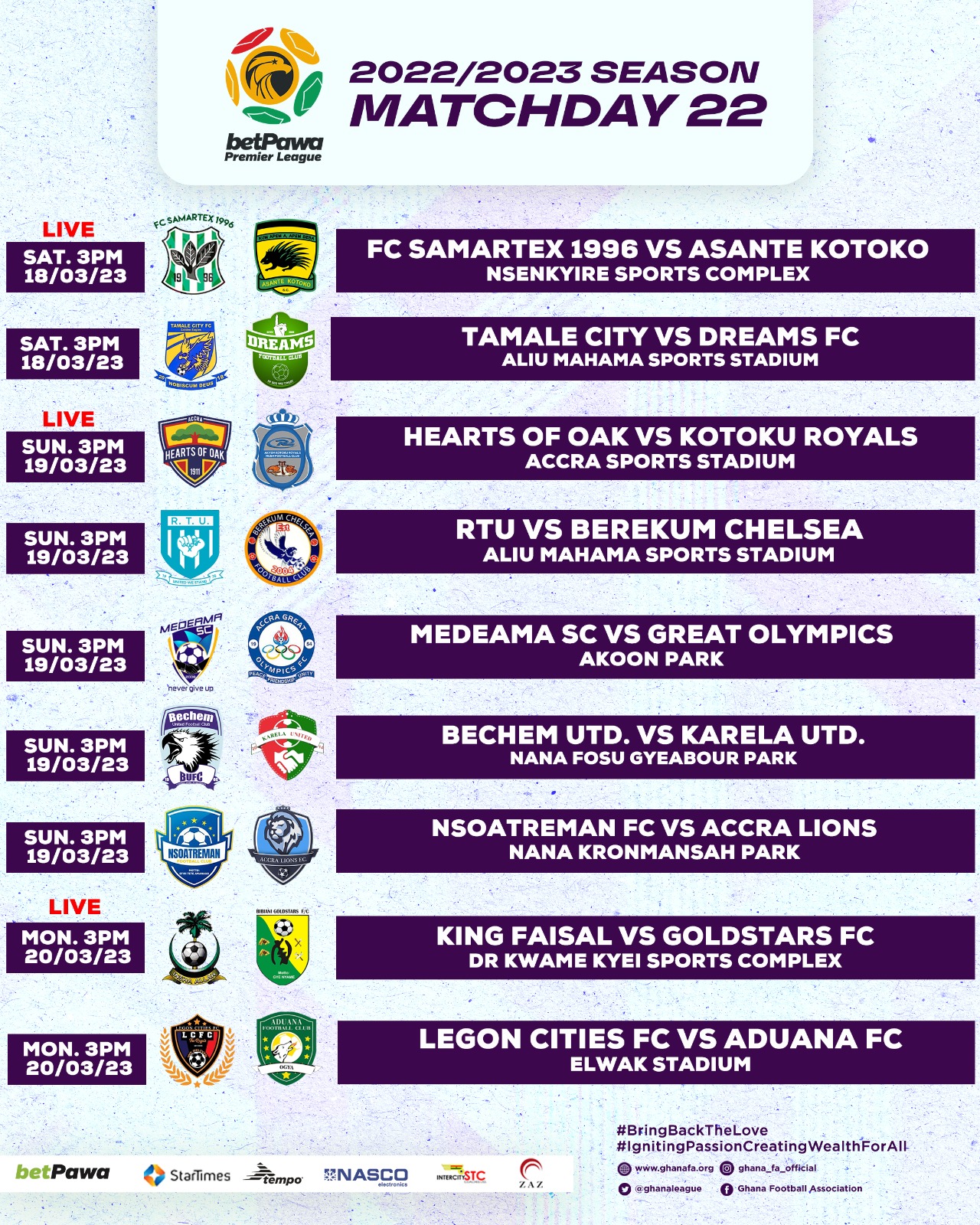 betPawa Premier League: Fixtures for Matchday 22 confirmed