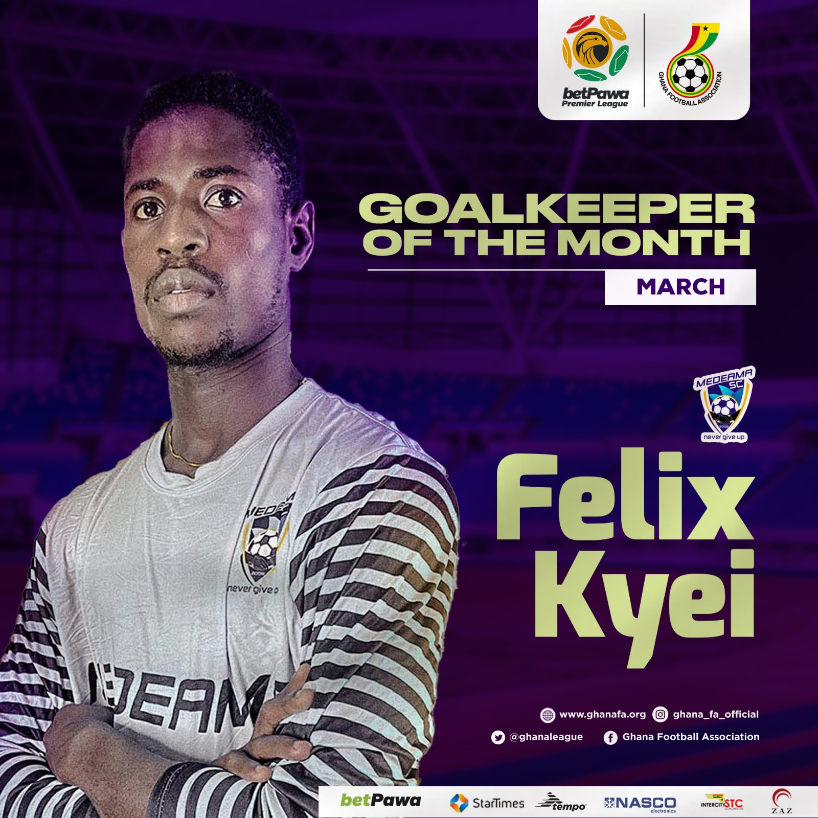 Medeama SC shot stopper Felix Kyei wins Goalkeeper of the Month for March