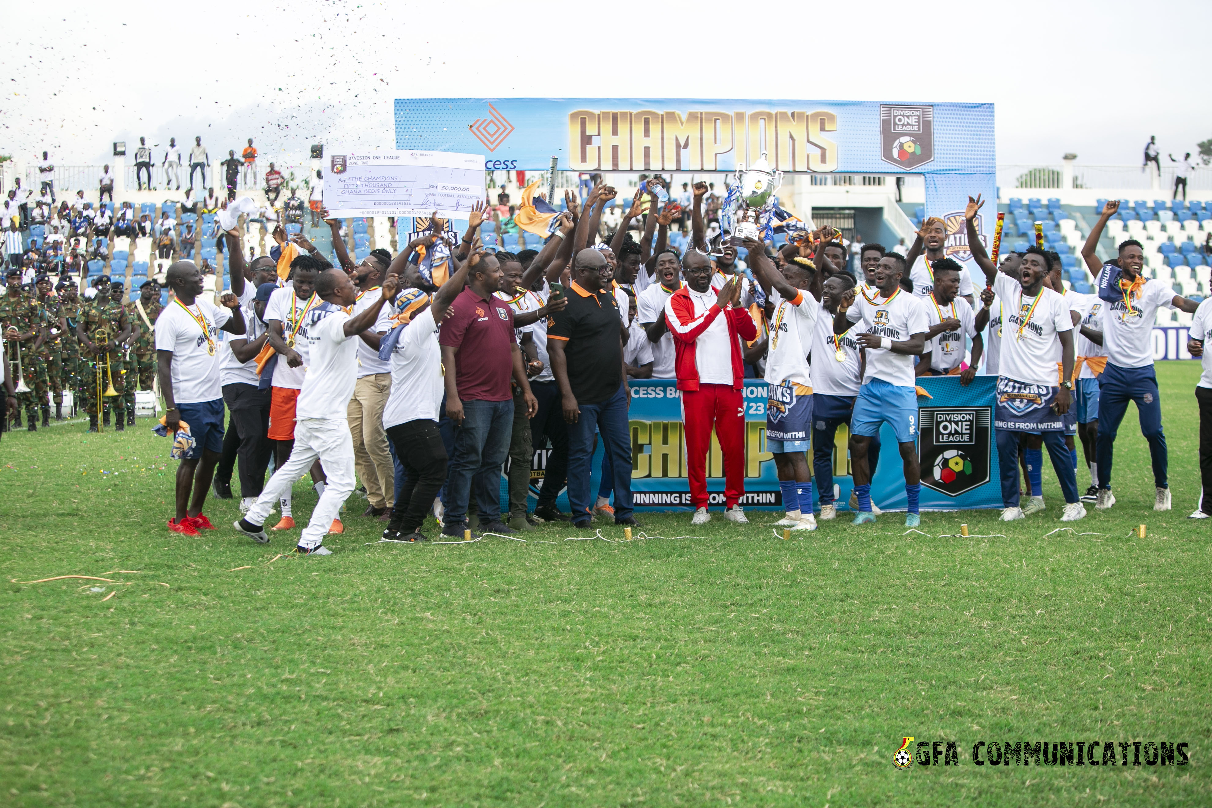 President Simeon-Okraku congratulates Nations FC on Premier League promotion