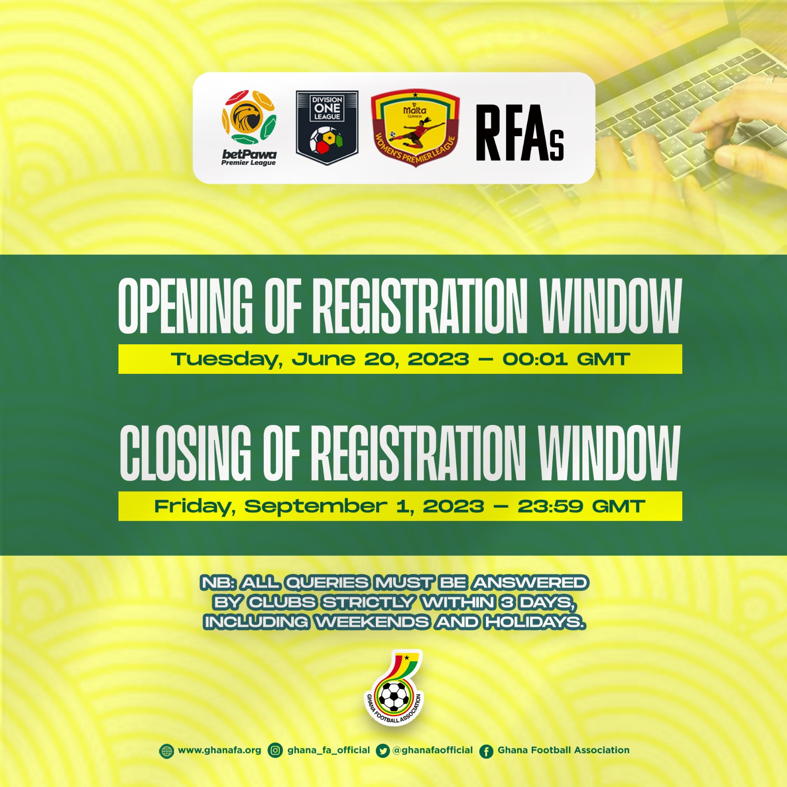 Registration window for 2023/24 football season opens on Tuesday, June 20, 2023