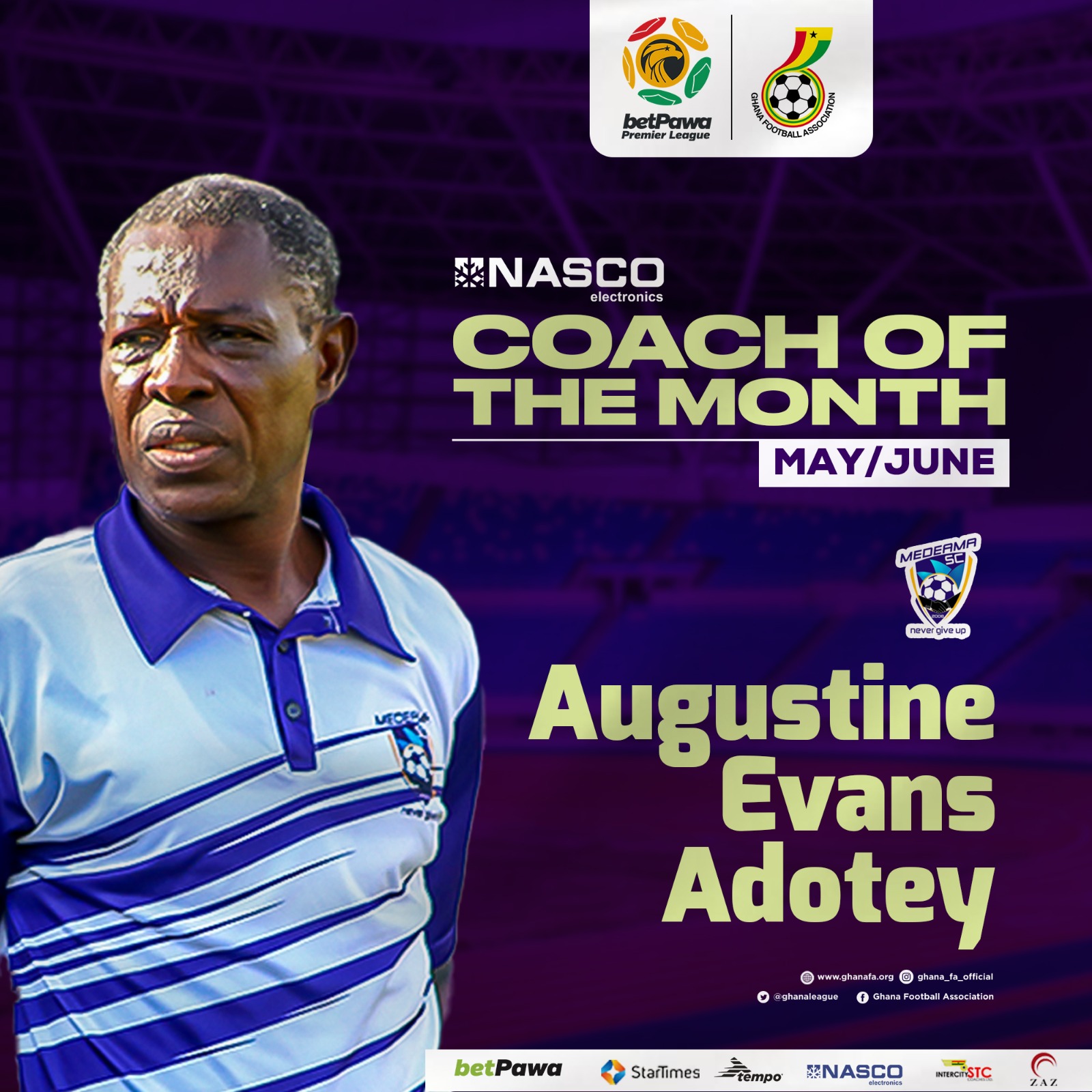 Coach Augustine Evans Adotey wins NASCO coach of the month for May/June