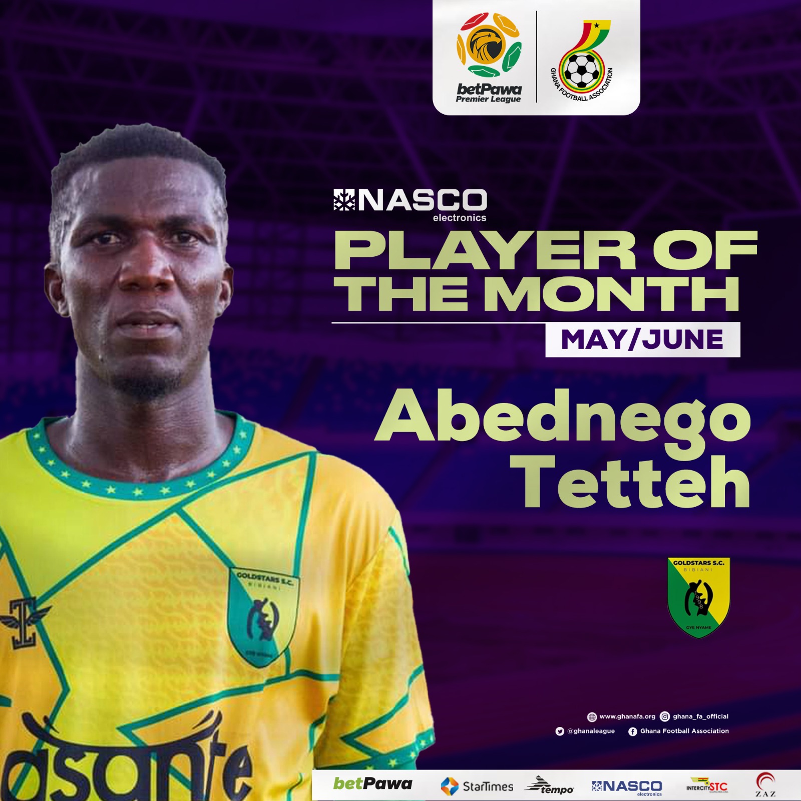 Abednego Tetteh named NASCO player of the Month for May/June