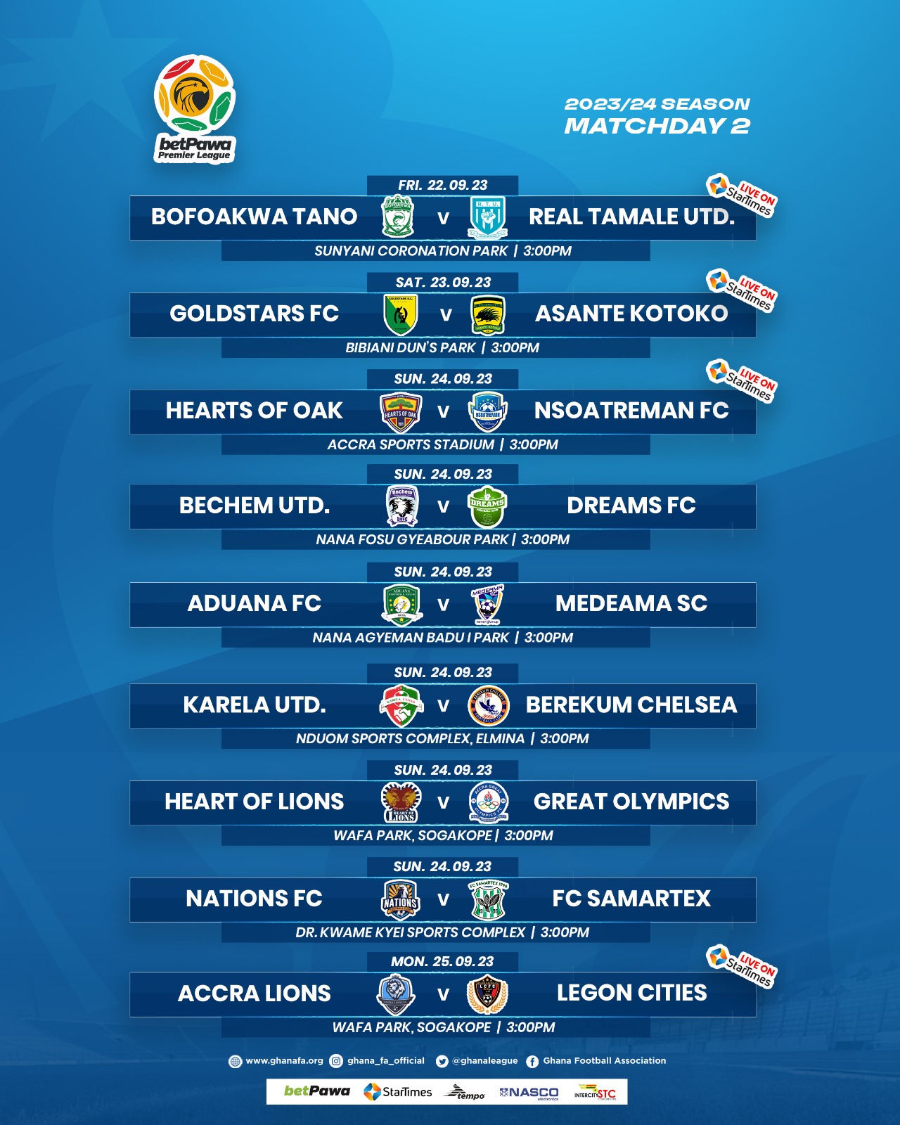 Fixtures for 2023/24 betPawa Premier League  Matchweek 2