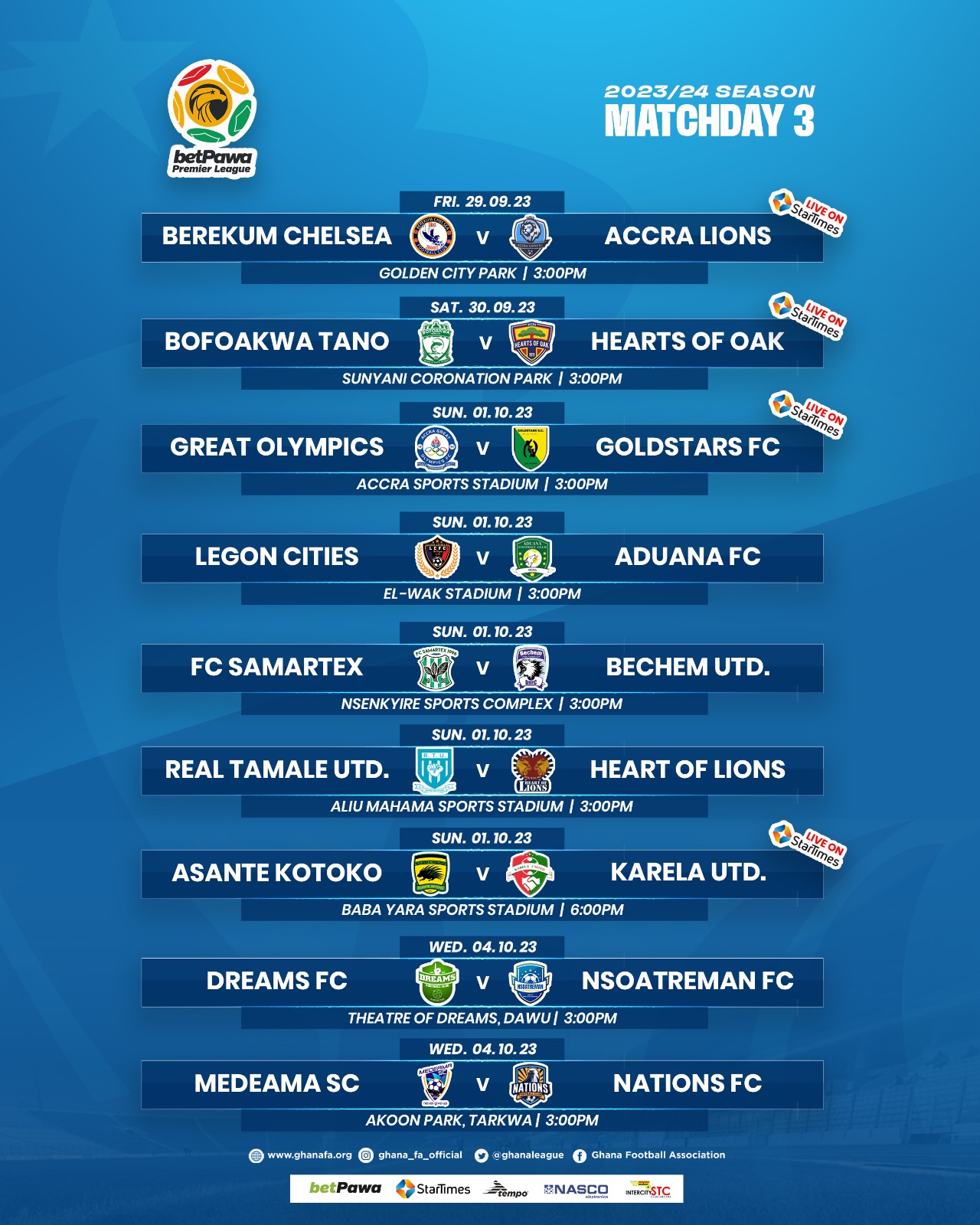 Fixtures for 2023/24 betPawa Premier League Matchweek 3