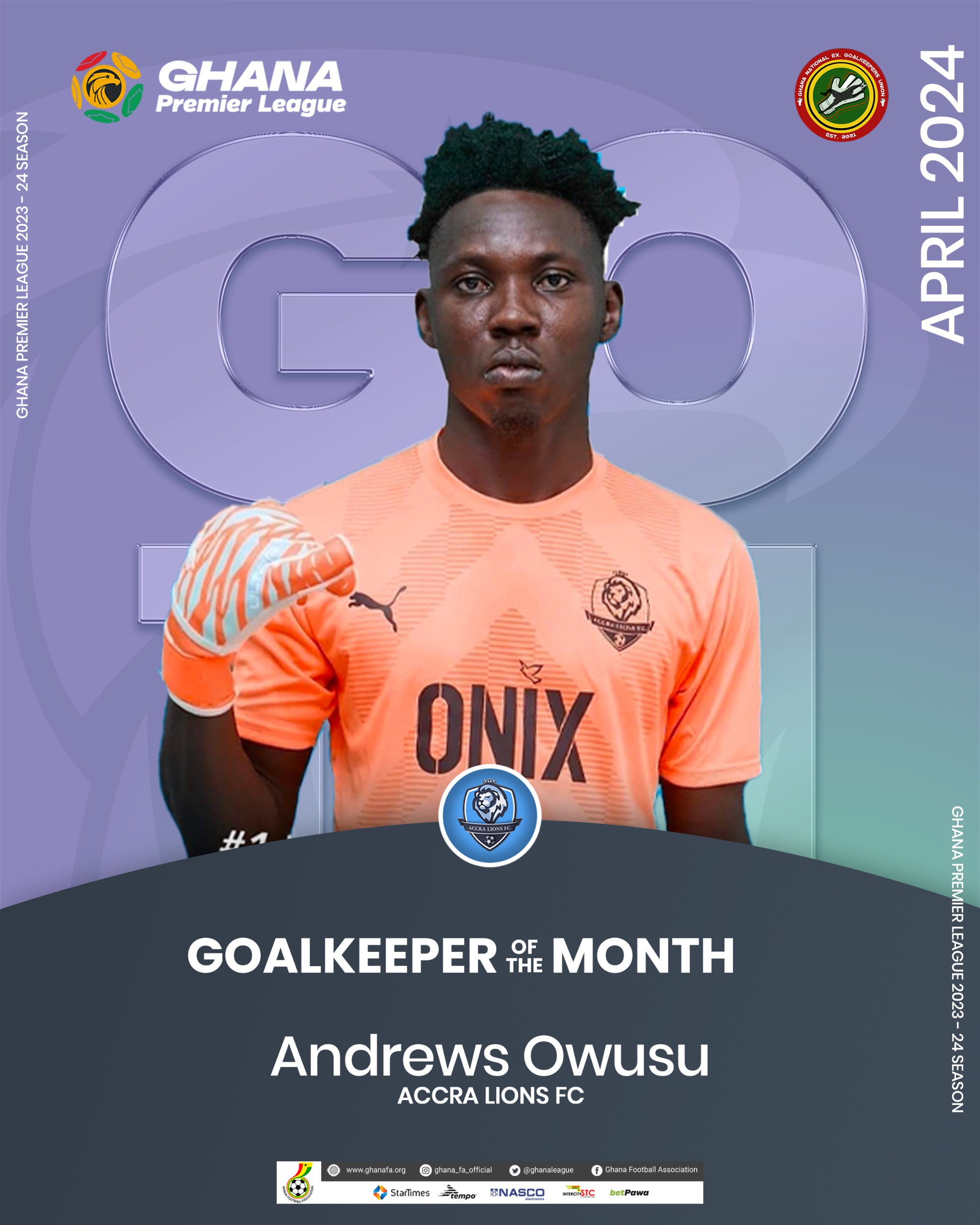 Andrews Owusu named Goalkeeper of the Month for April