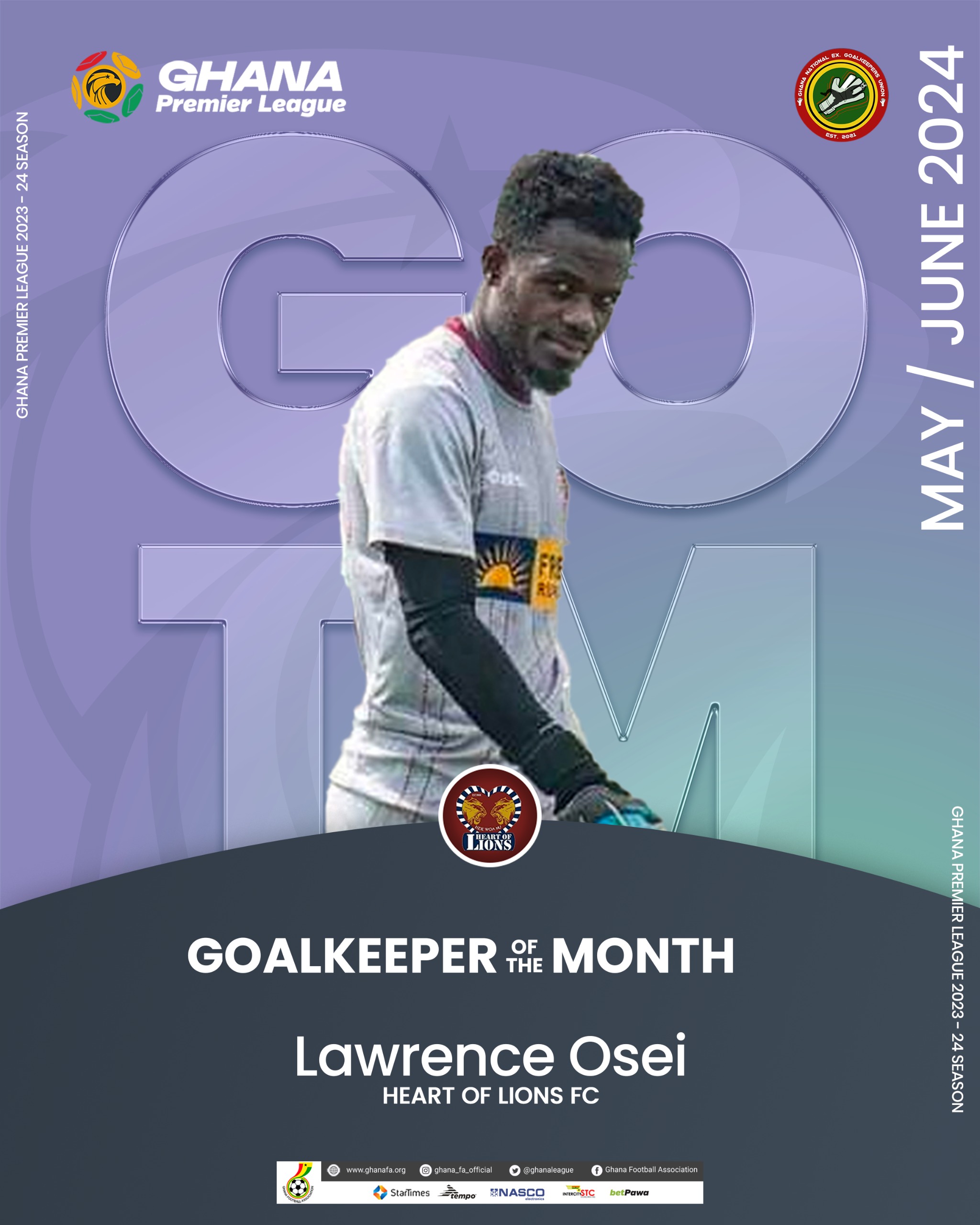 Lawrence Osei wins goalkeeper of the month for May/June