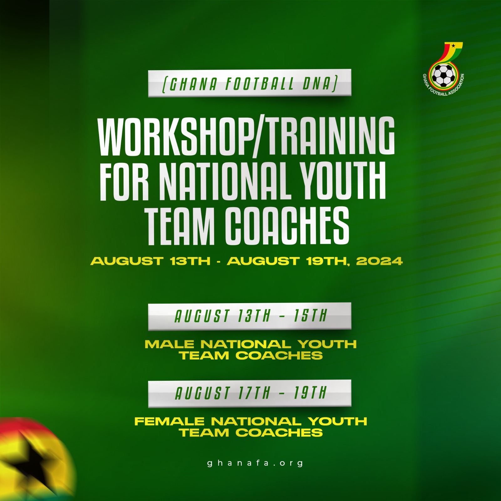 Ghana Football DNA Workshop for National Youth Team Coaches commences August 13, 2024