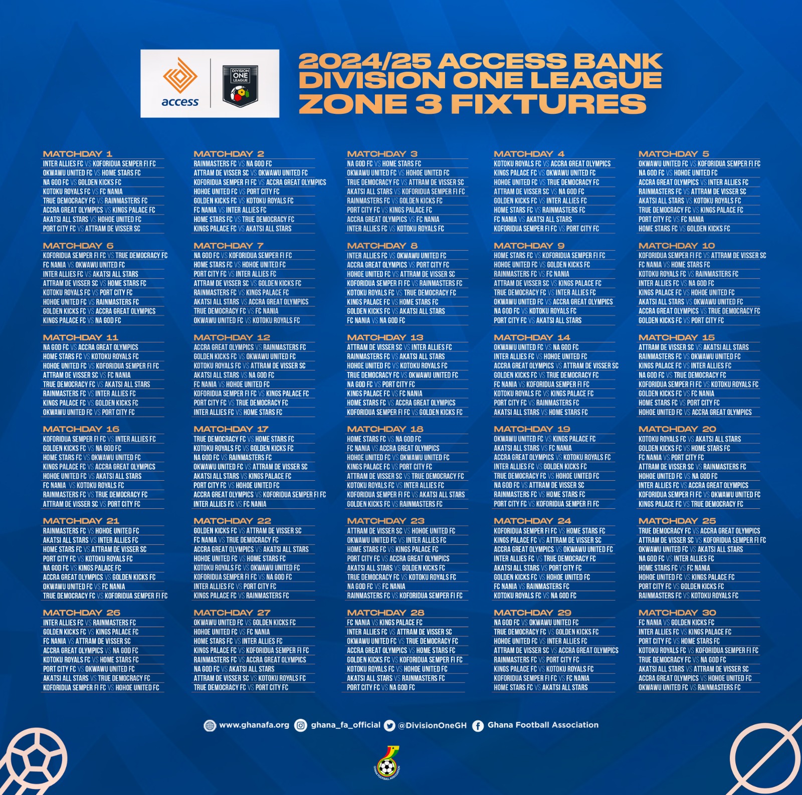 Fixtures for 2024-25 Access Bank Division One League Zone 3 released