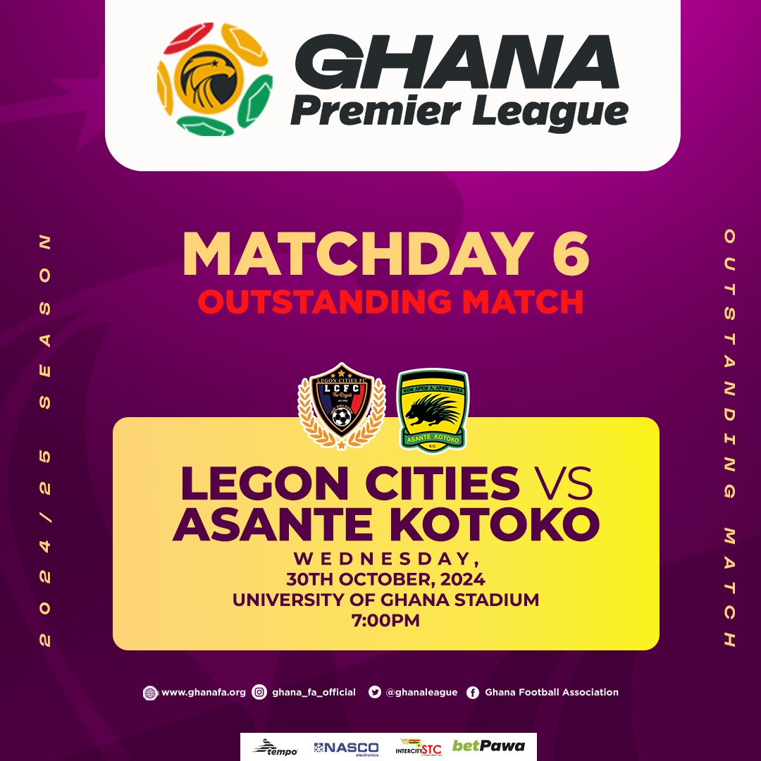 Premier League: Legon Cities to battle Asante Kotoko in outstanding match on October 30