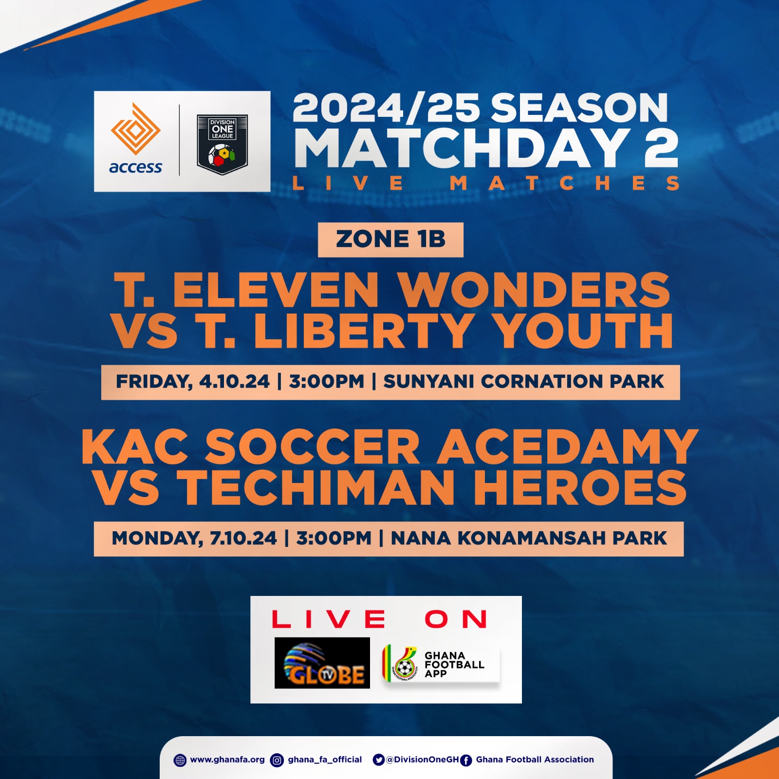 TV schedule for 2024-25 Access Bank DOL Zone 1 Match Day 2