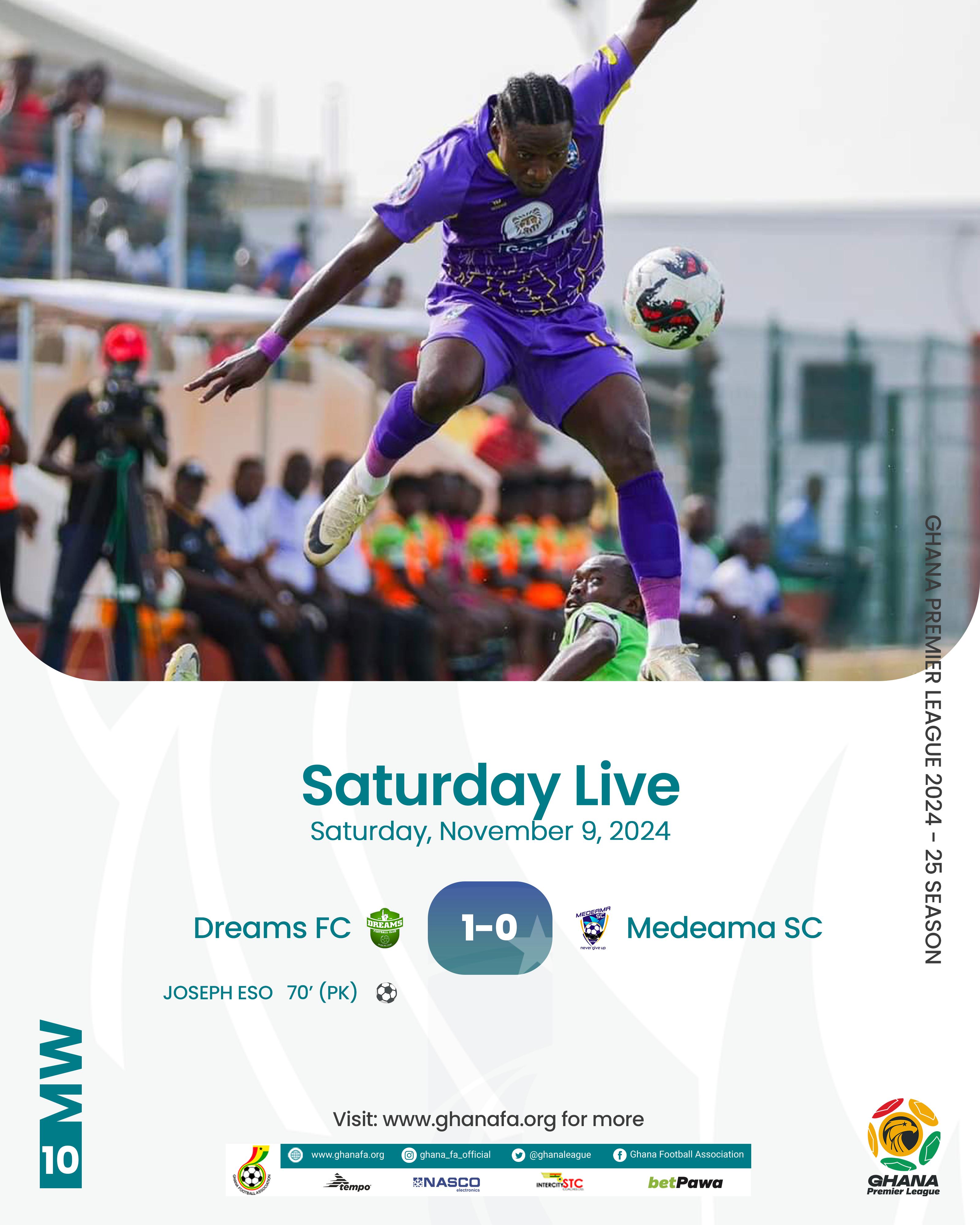 Dreams FC claim first league win of season with 1-0 victory over Medeama SC