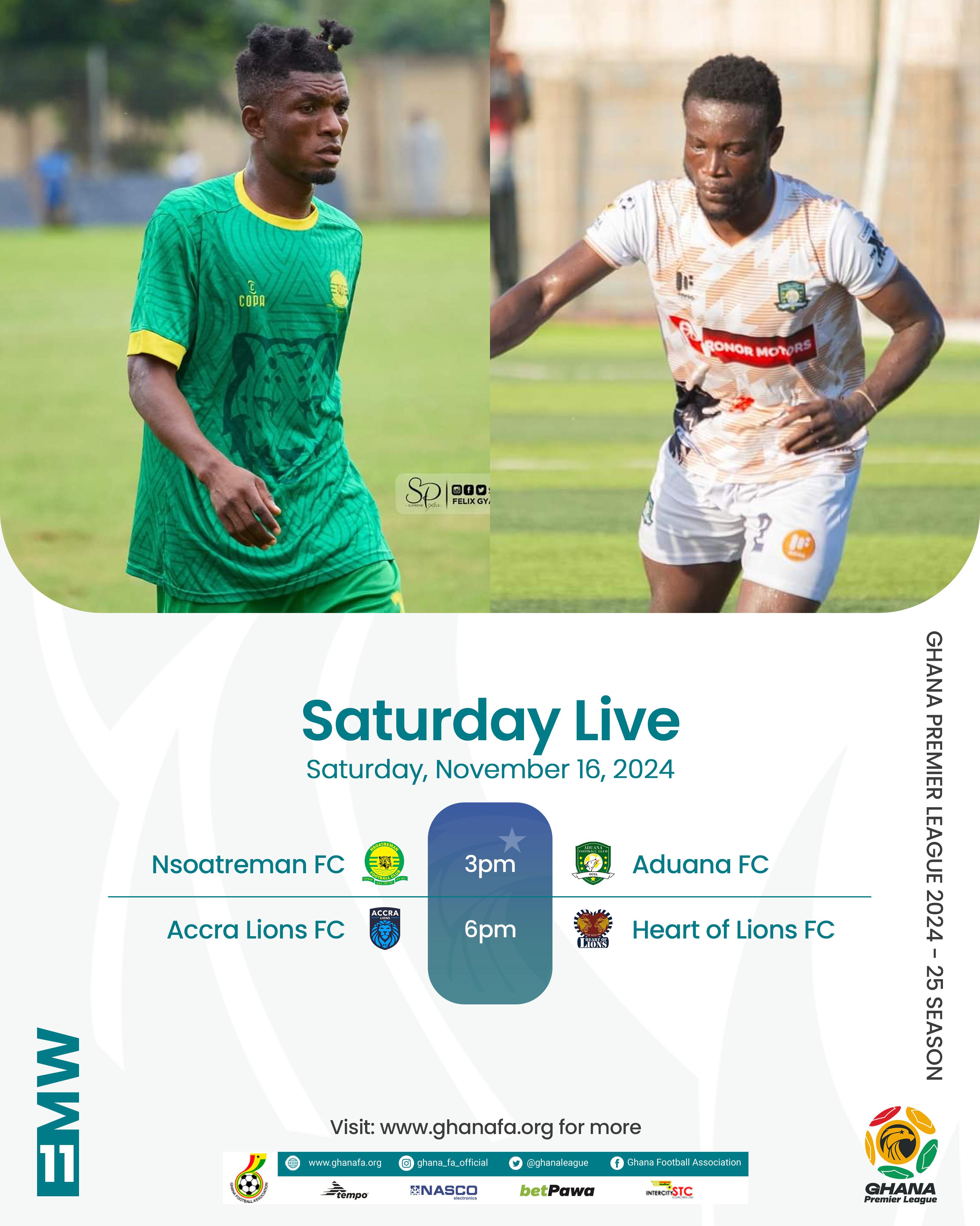 Premier League: Nsoatreman host Aduana FC in Bono derby; Heart of Lions travel to Accra Lions