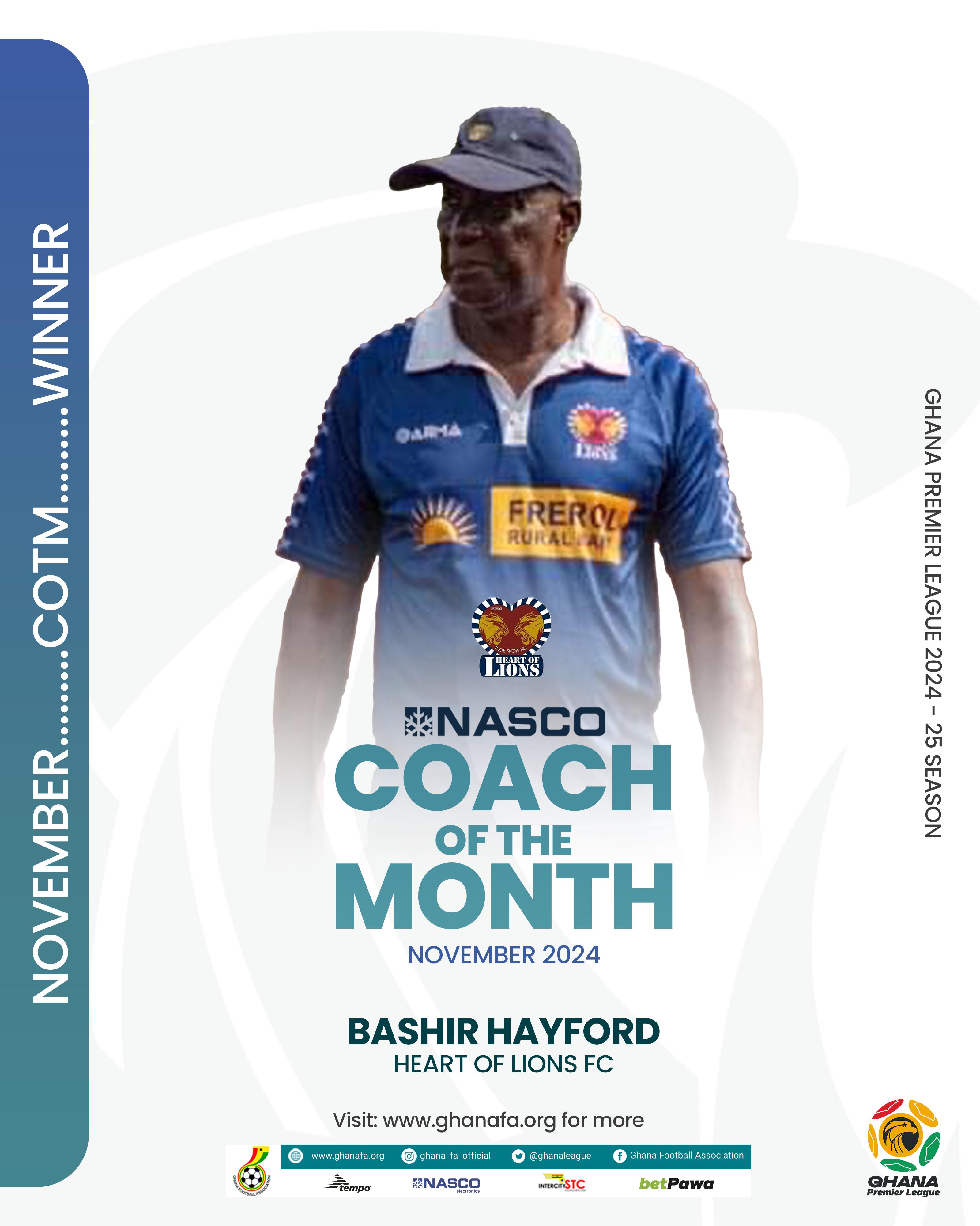 Bashir Hayford wins NASCO Premier League Coach of the Month for November