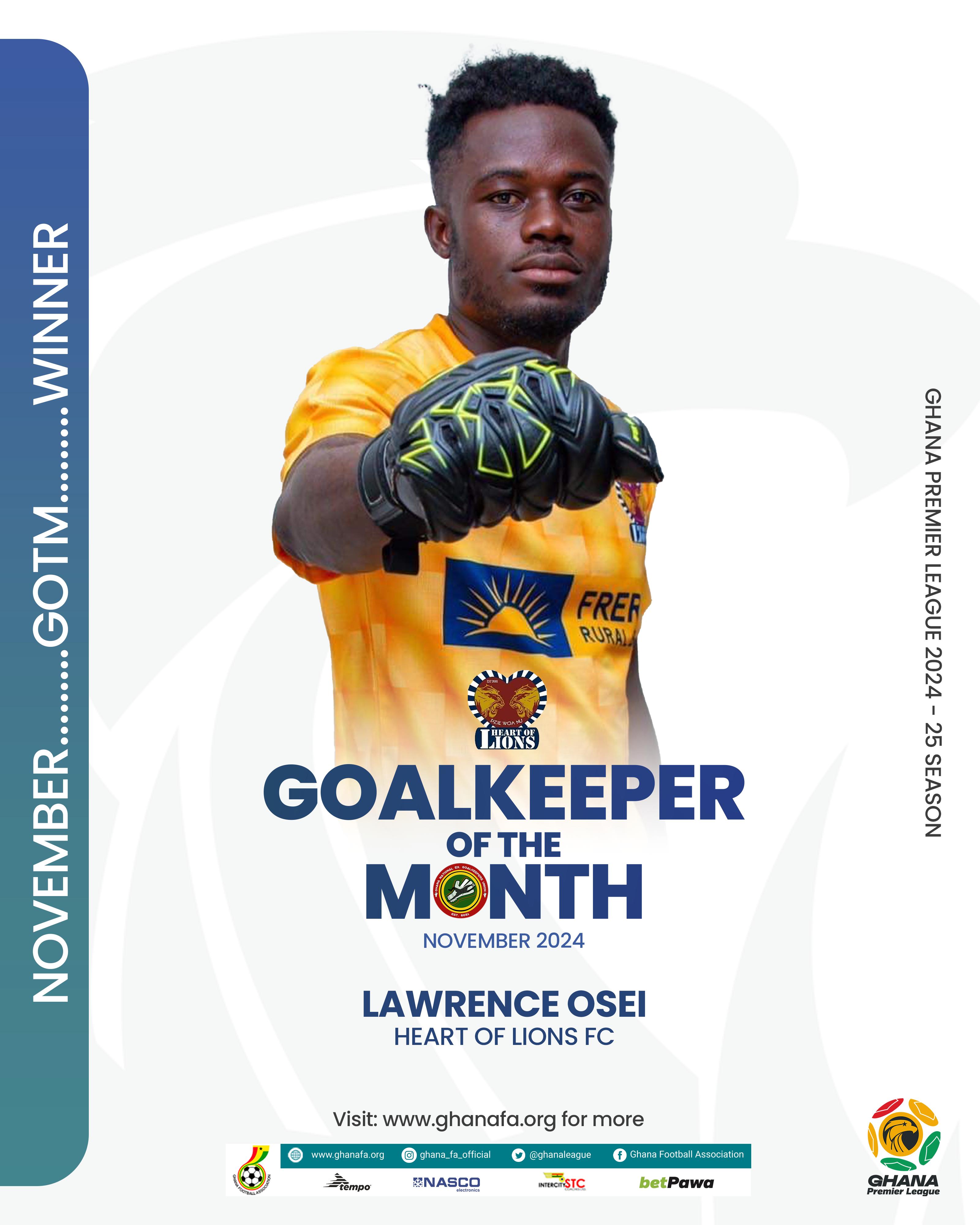 Lawrence Osei named November goalkeeper of the month