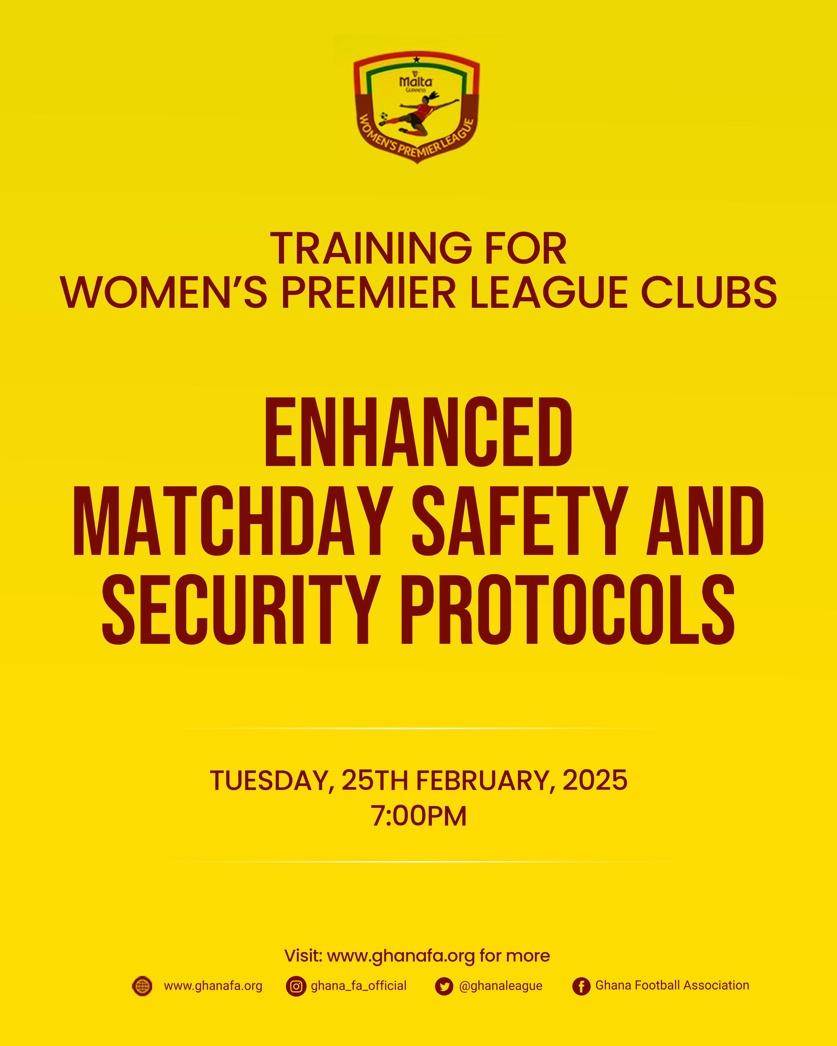 Women’s Premier League clubs to train on Enhanced Matchday Safety and Security Protocols on Tuesday