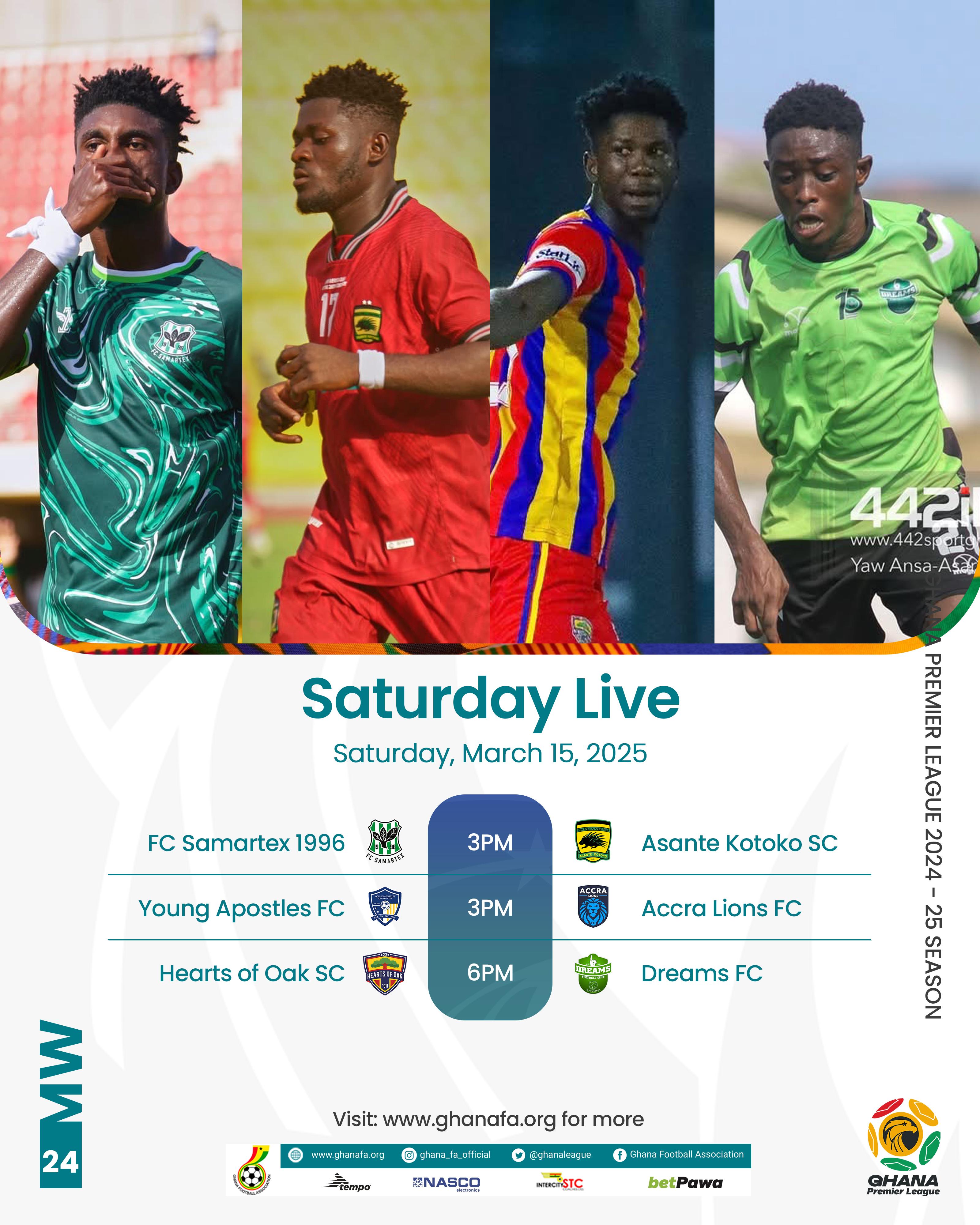 Premier League: Kotoko travel to Samartex; Hearts in tricky Dreams FC tie in Saturday's matches