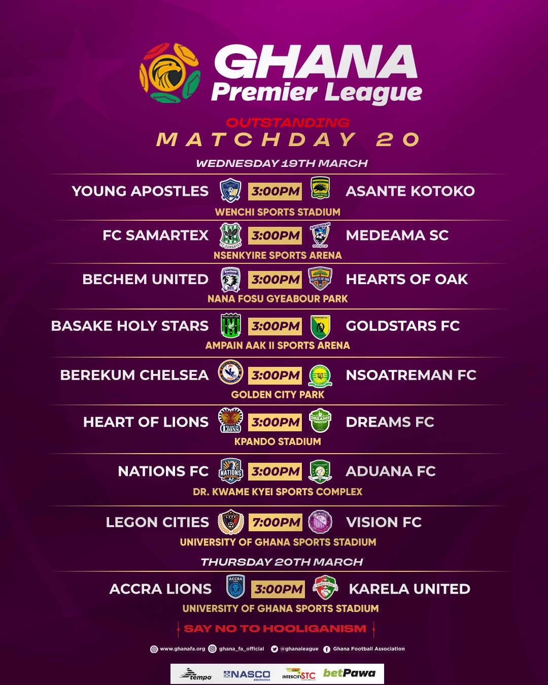 Ghana Premier League Match Day 20 Set for Wednesday