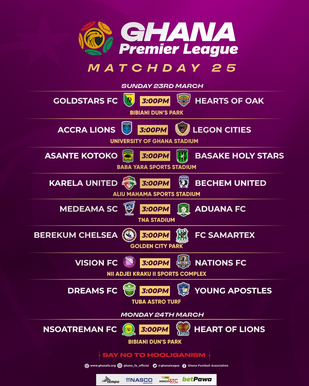 Ghana Premier League Match Day 25 Fixtures Announced