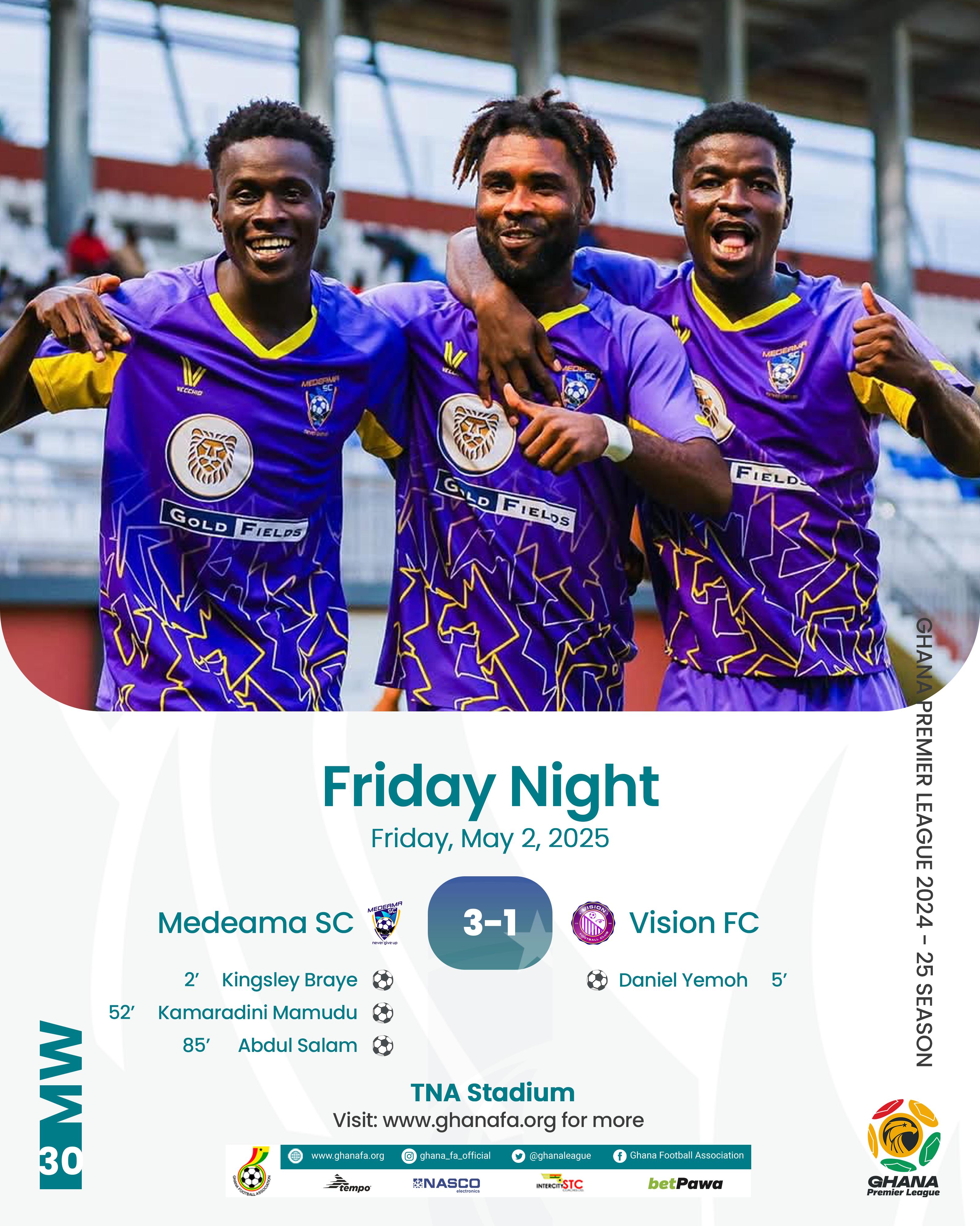 Premier League: Medeama brush aside Vision FC 3-1 under the lights in Tarkwa