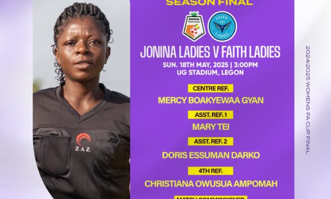 Mercy Gyan to officiate Jonina Ladies vs. Faith Ladies Women’s FA Cup Final