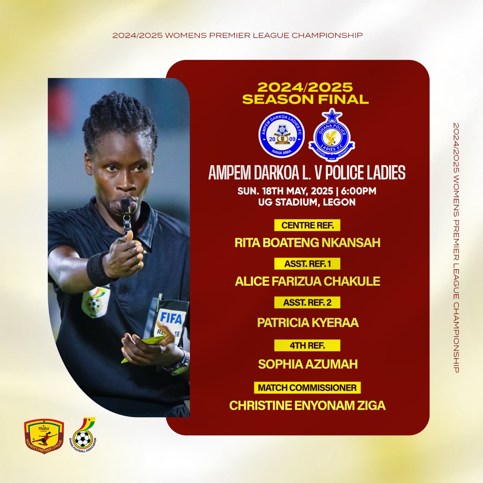 Rita Nkansah Boateng to officiate Ampem Darkoa Ladies vs. Police Ladies Malta Guinness Women’s Premier League Final