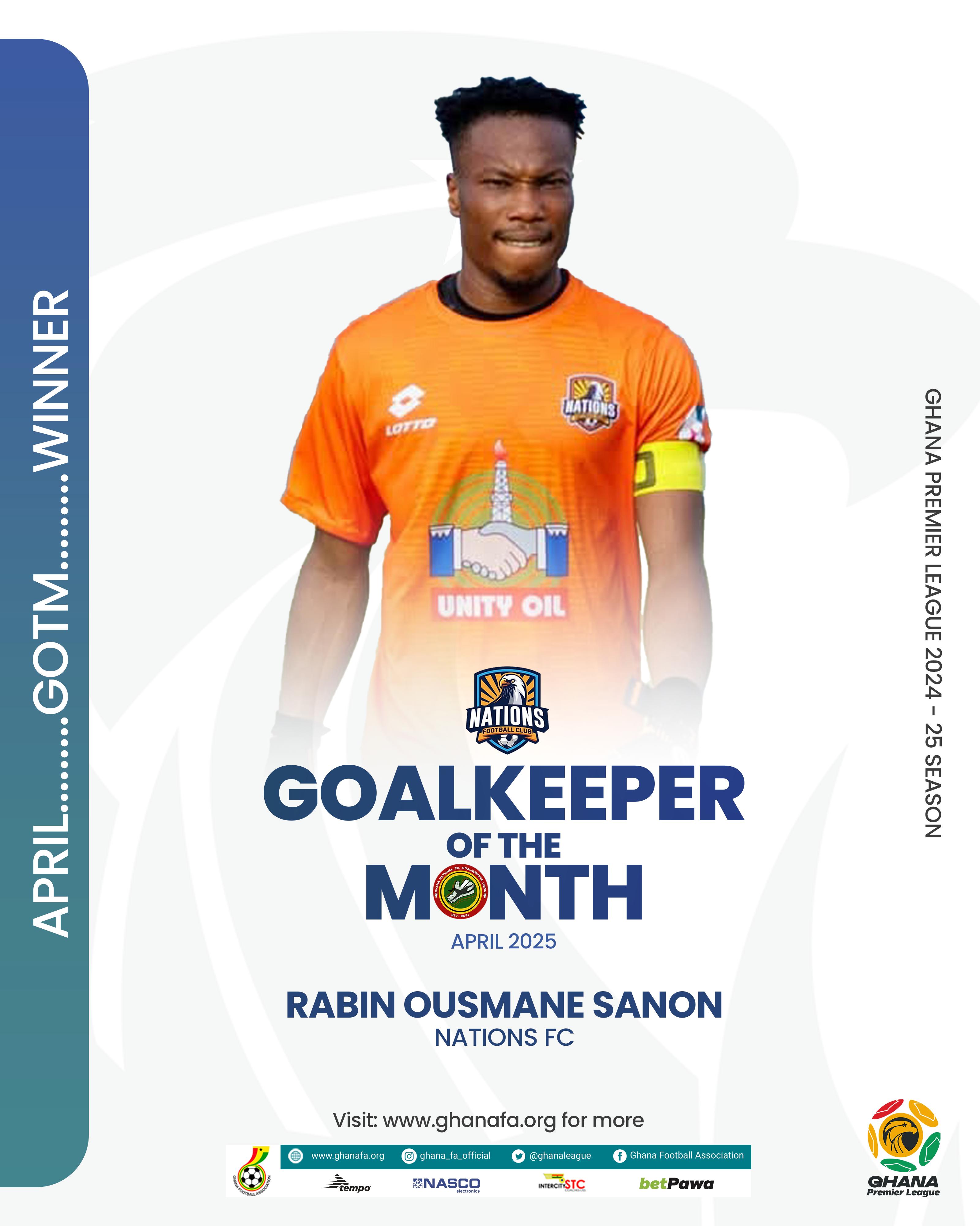 Rabin Ousmane Sanon named April Goalkeeper of the month