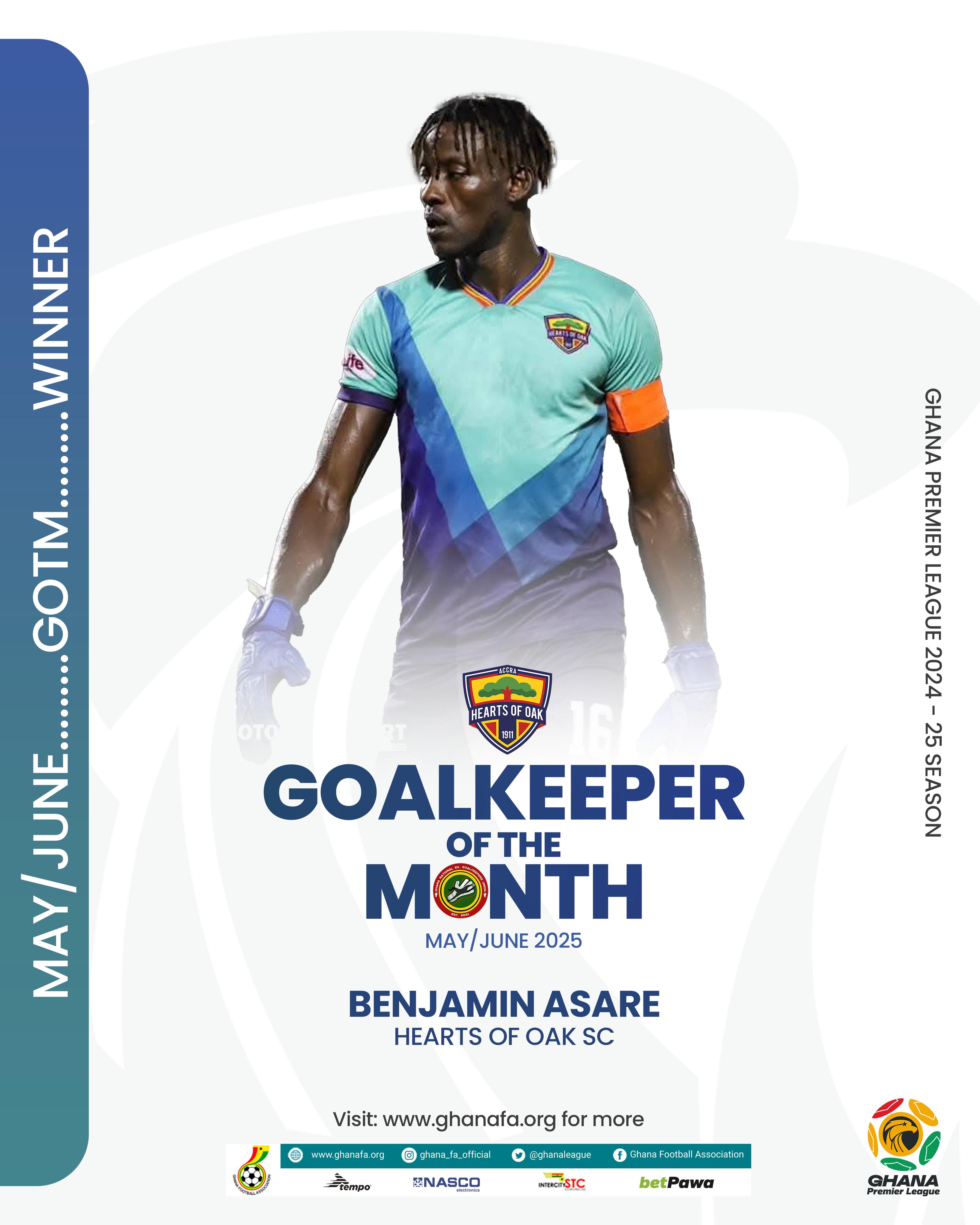 Hearts of Oak’s Benjamin Asare wins May/June goalkeeper of the month