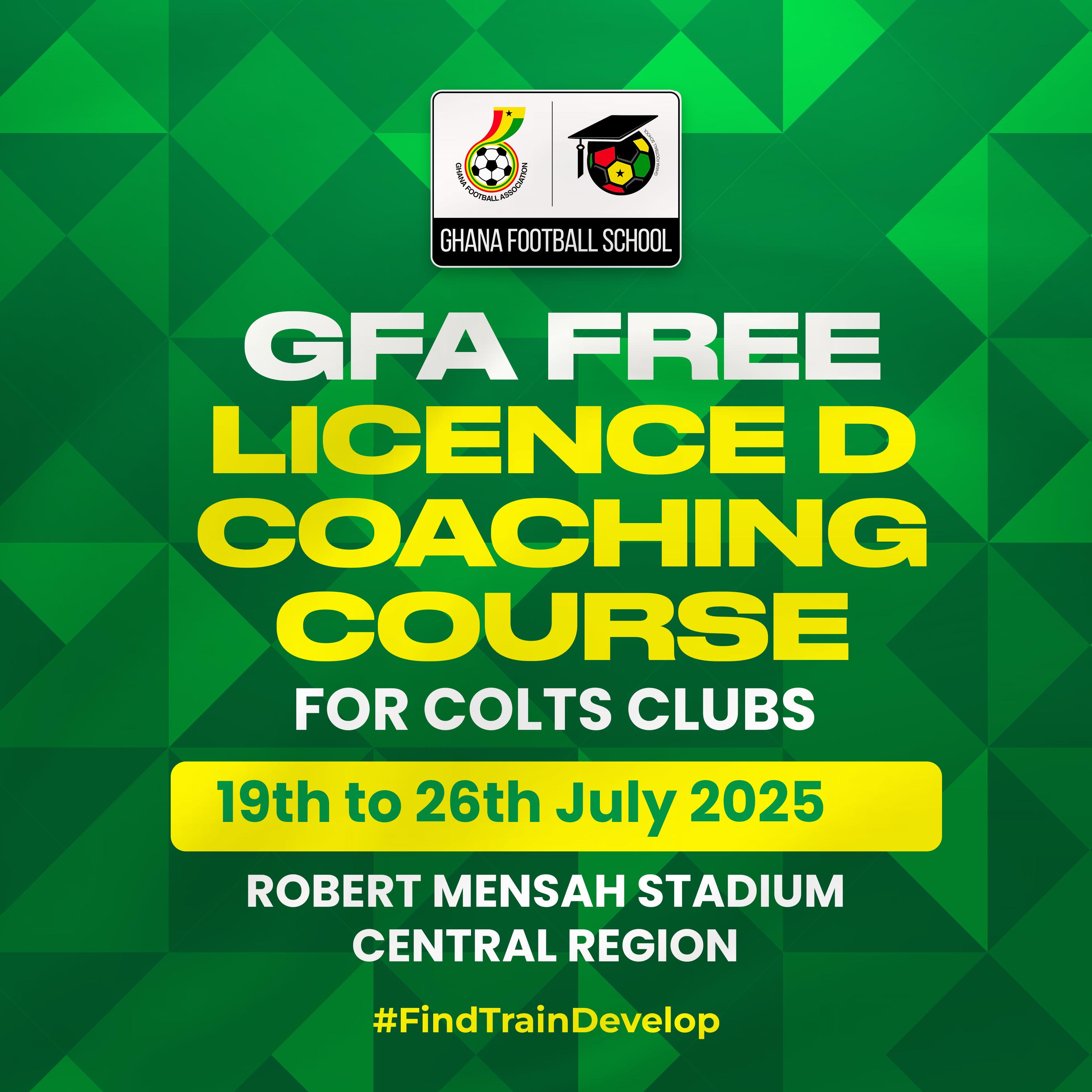 Central Region to Host Free License D Coaching Course for Colts Coaches from July 19 to 26
