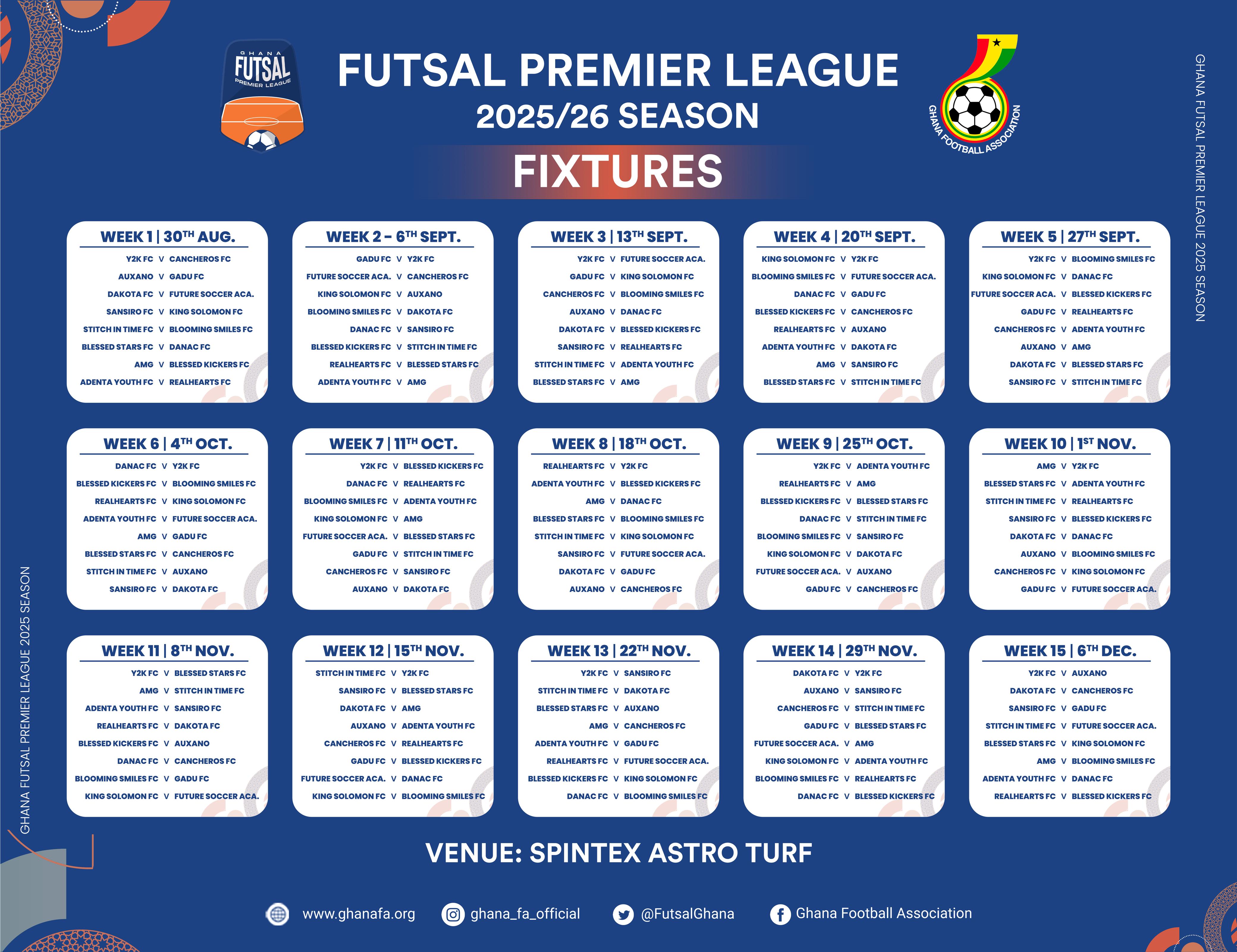 Full Fixtures for 2025/26 Futsal Premier League Season