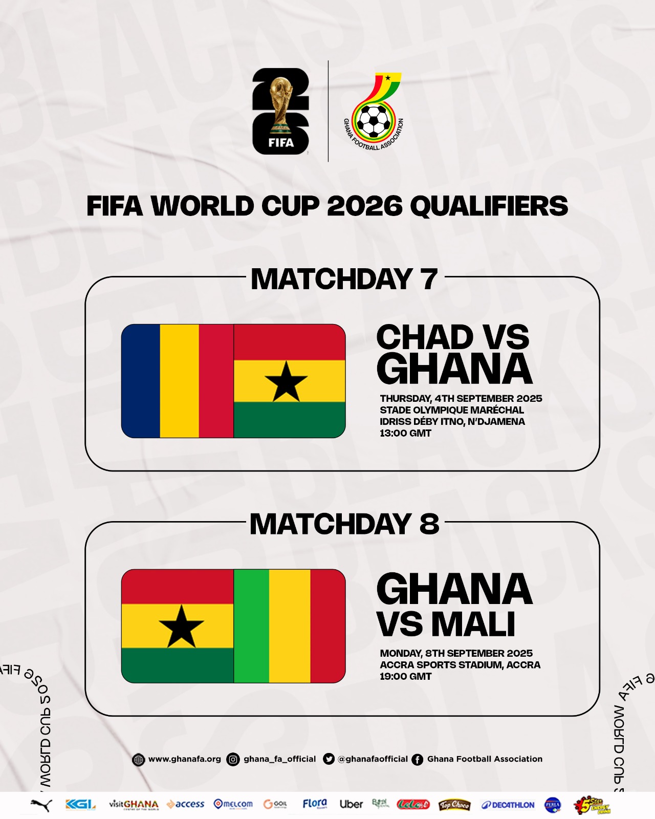 Black Stars' take on Chad on 4th, Mali on 8th September in FIFA World Cup Qualifiers