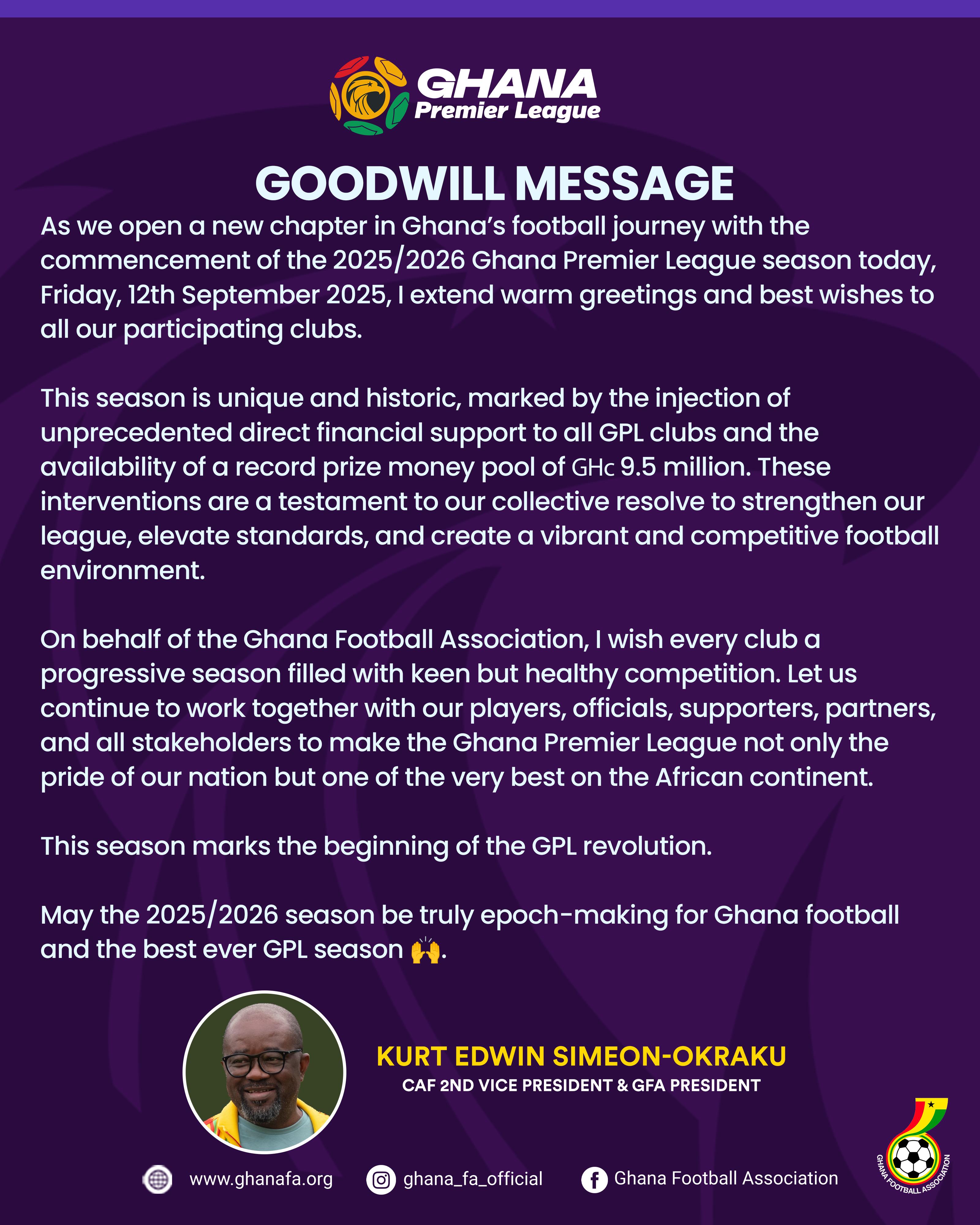 President's Goodwill Message To GPL Clubs Ahead of New Season