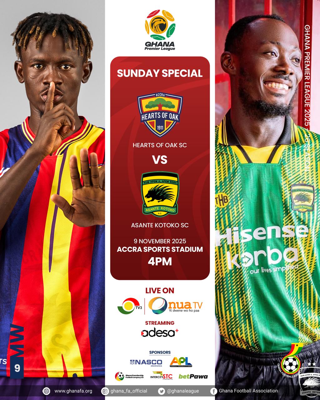 Premier League: Hearts of Oak and Asante Kotoko set for explosive Super Clash in Accra on Sunday