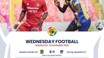 Premier League: Kotoko defeat Young Apostles 2–1 to preserve unbeaten run