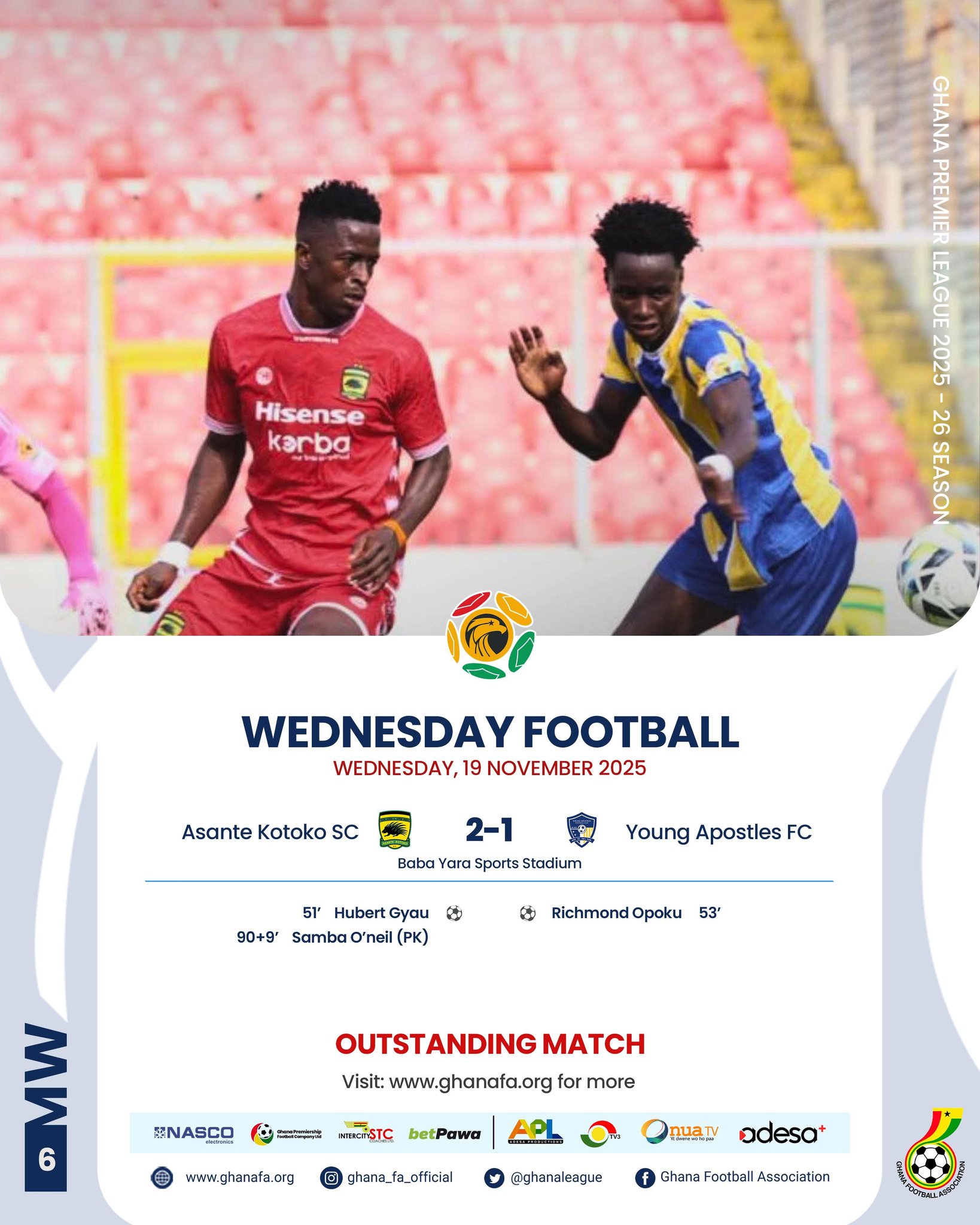 Premier League: Kotoko defeat Young Apostles 2–1 to preserve unbeaten run