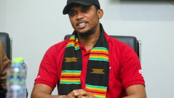 President Kurt Edwin Simeon-Okraku congratulates Samuel Eto’o on resounding re-election as FECAFOOT President