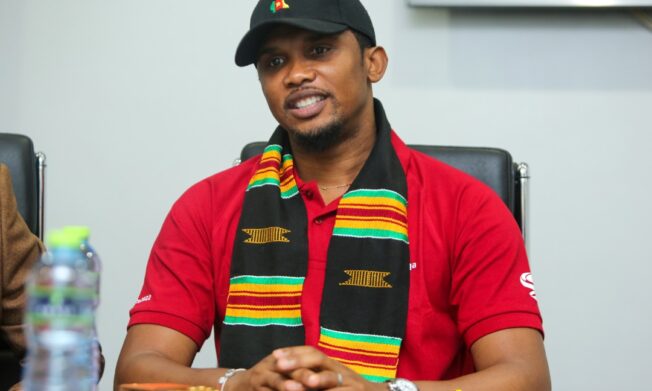 President Kurt Edwin Simeon-Okraku congratulates Samuel Eto’o on resounding re-election as FECAFOOT President