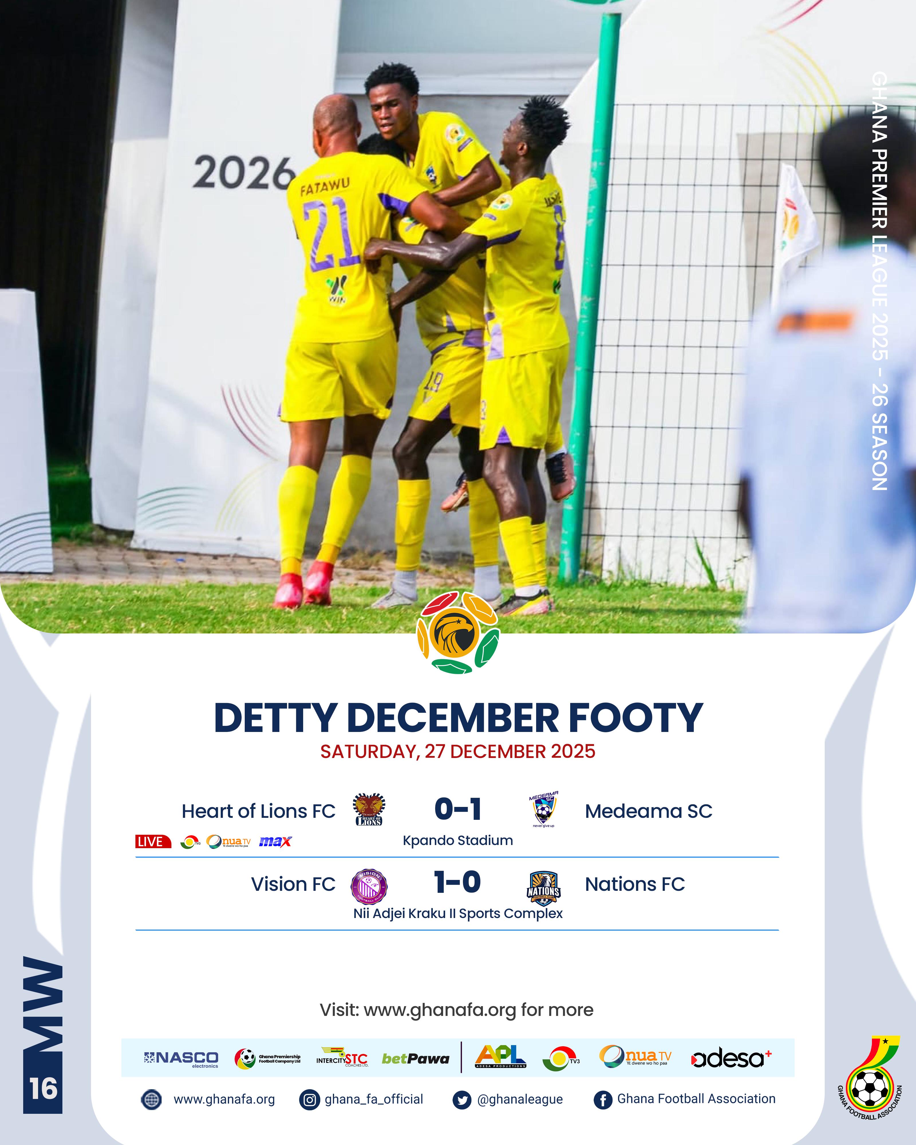 Premier League: Medeama return to the summit with Kpando grit as Vision FC climb out of drop zone