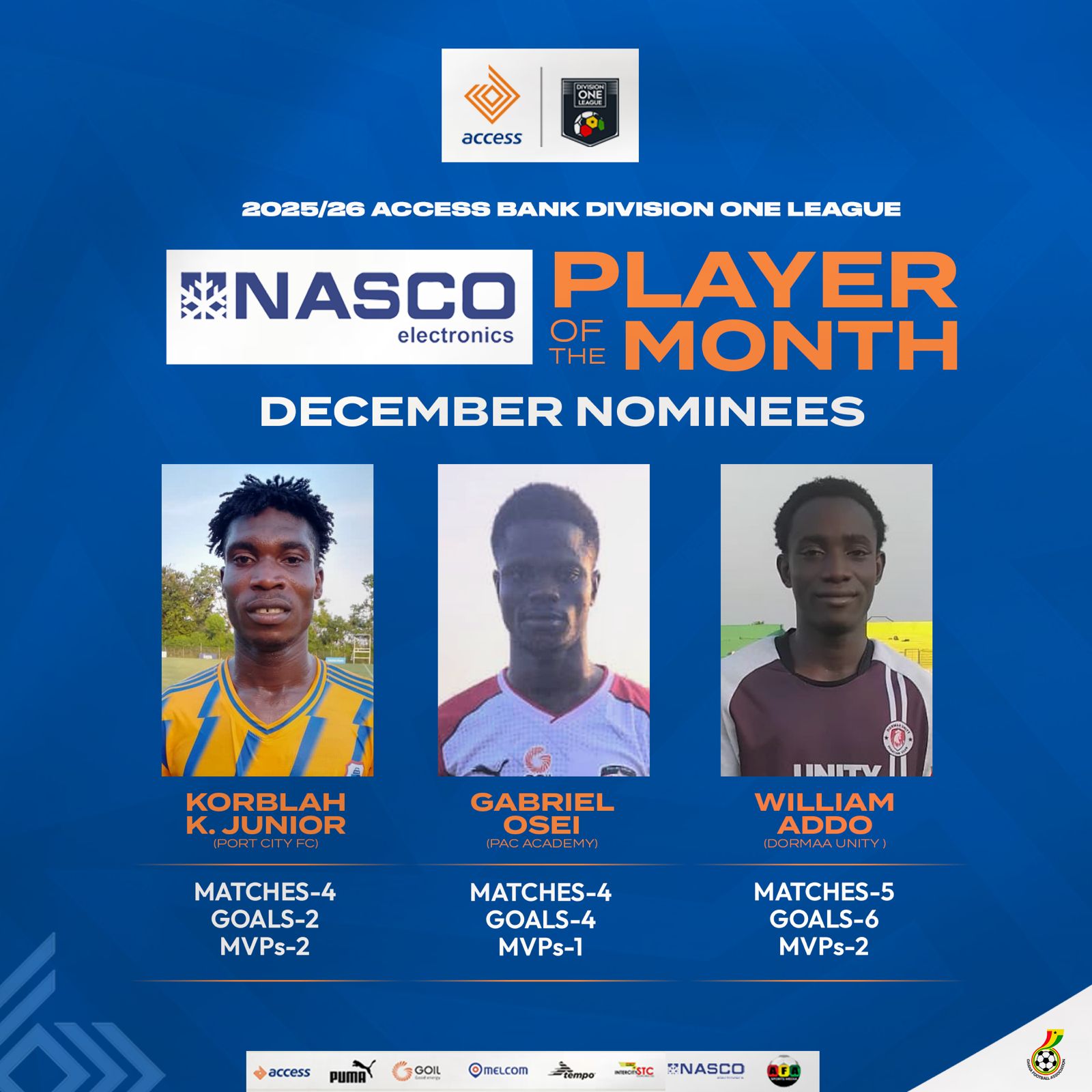 Kedzie Junior, Gabriel Osei, Wiliam Addo nominated for Access Bank Division One League NASCO December player of the month award