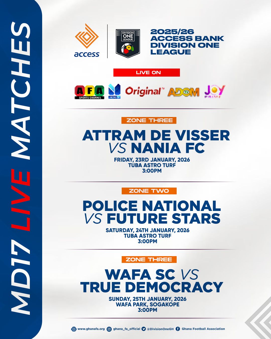 Access Bank Division One League: Three matches to air live on Matchday 17