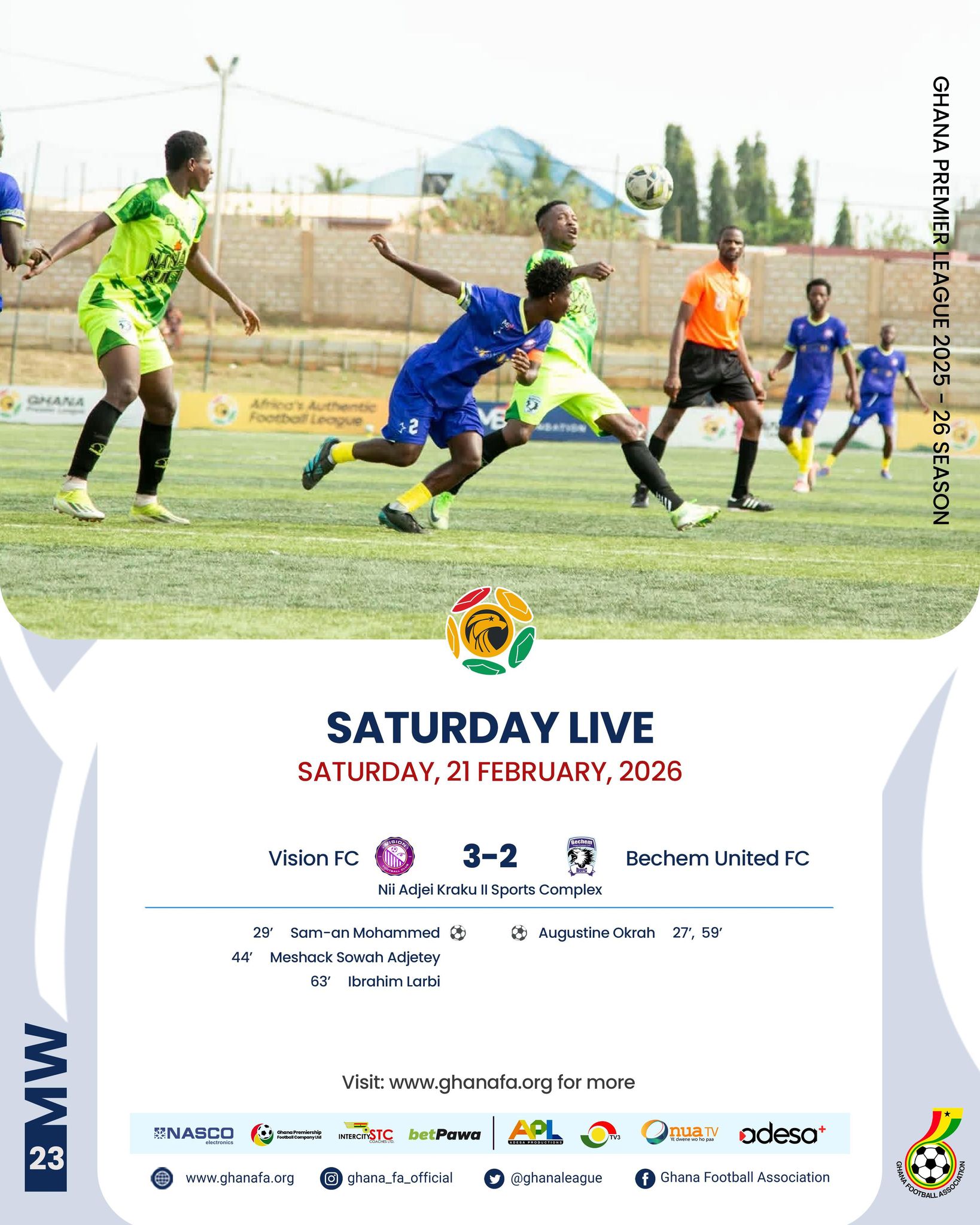 Premier League: Vision FC edge thriller to climb into top half after five-goal battle with Bechem United FC