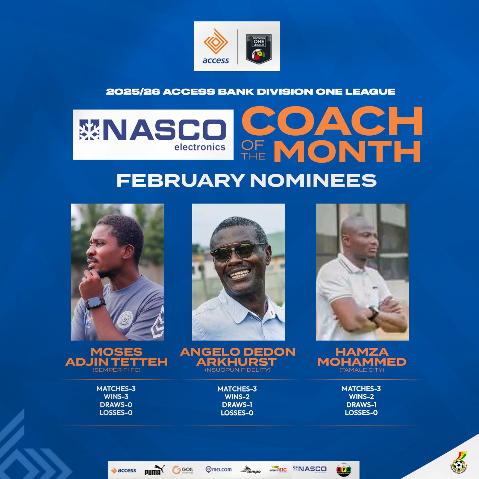 Three coaches shortlisted for Access Bank Division One League NASCO Coach of the month award for February