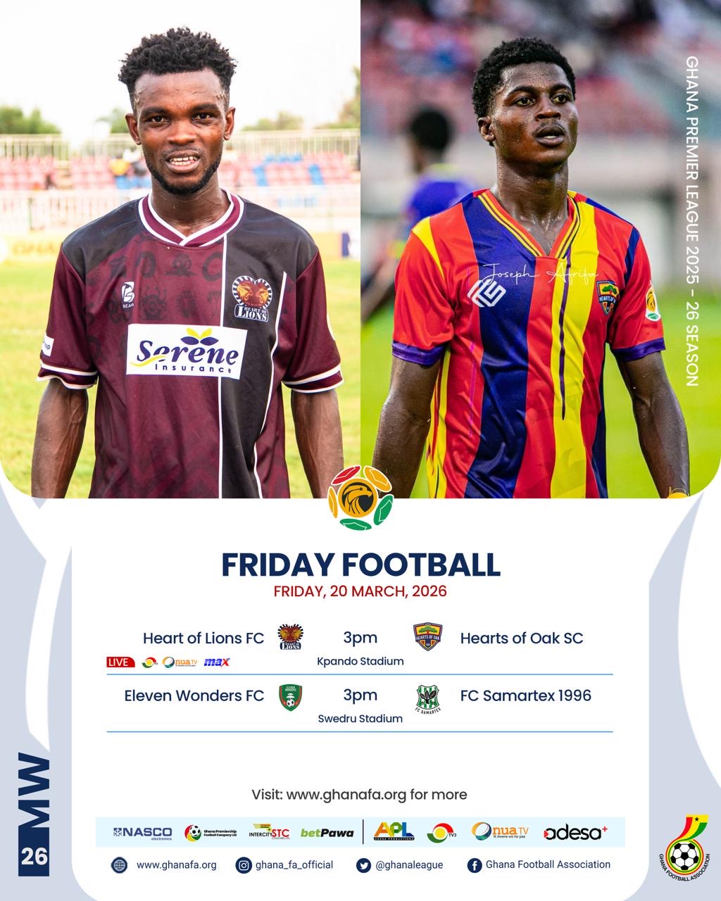 Premier League: Hearts of Oak face tough Kpando test against Heart of Lions as Wonders, Samartex face-off in Friday Showdowns