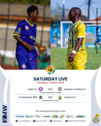 https://www.ghanafa.org/premier-league-vision-fc-battle-berekum-chelsea-as-samartex-host-dreams-fc-in-key-saturday-showdowns
