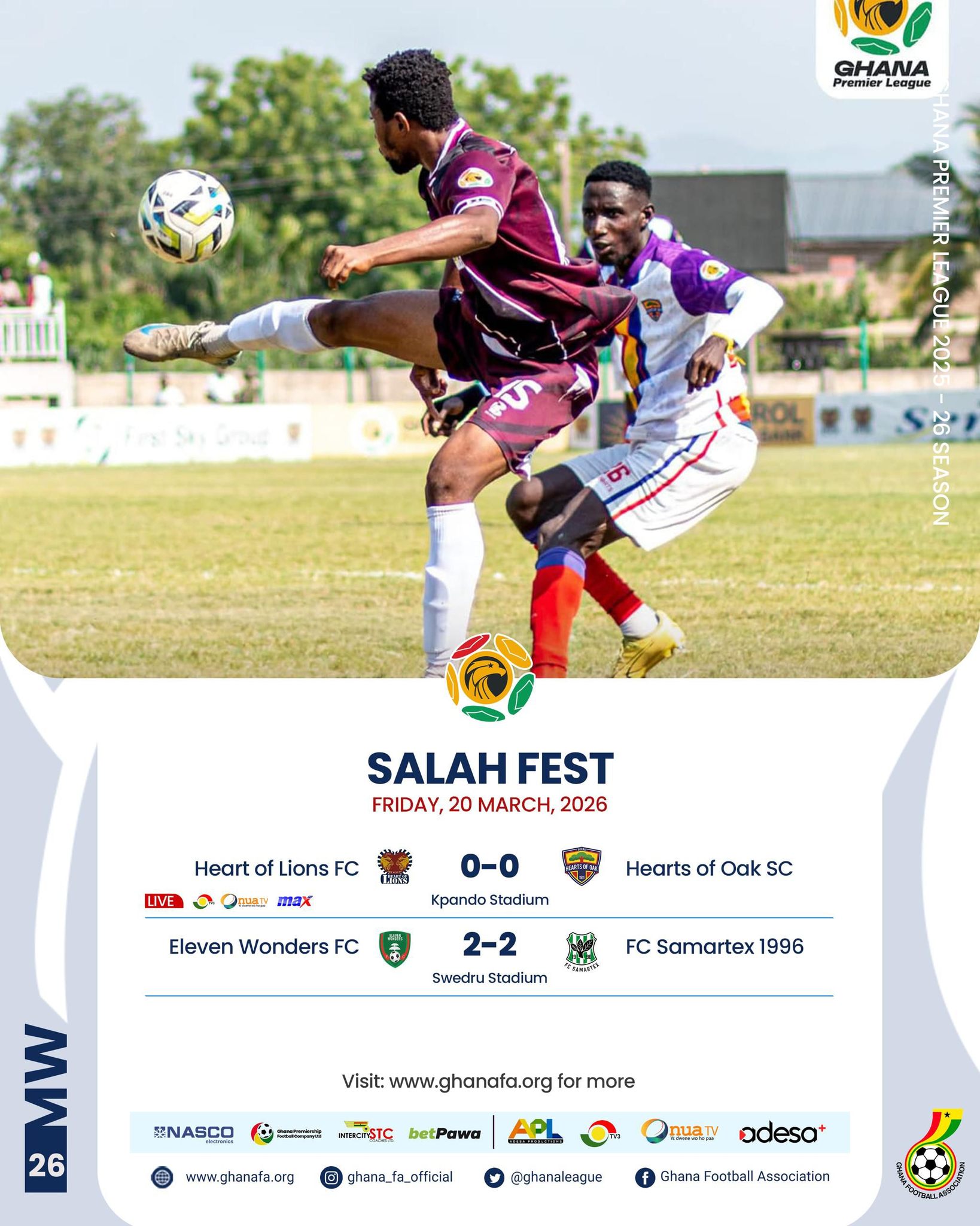 Premier League: Hearts stumble again as Heart of Lions hold firm; Eleven Wonders snatch late drama against Samartex