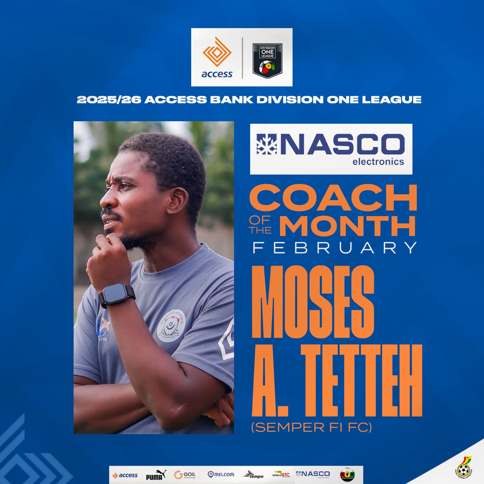 Moses Adjin Tetteh of Semper Fi wins Access Bank Division One League NASCO Coach of the month award for February