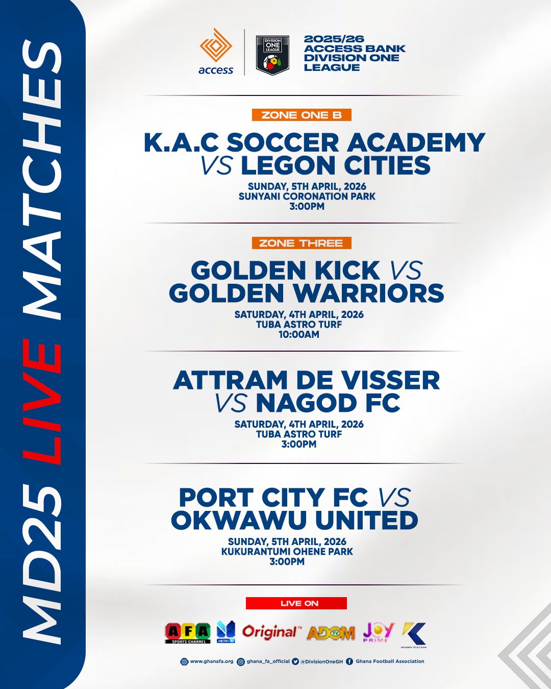Access Bank Division One League: Four matches to broadcast Live on Matchday 25