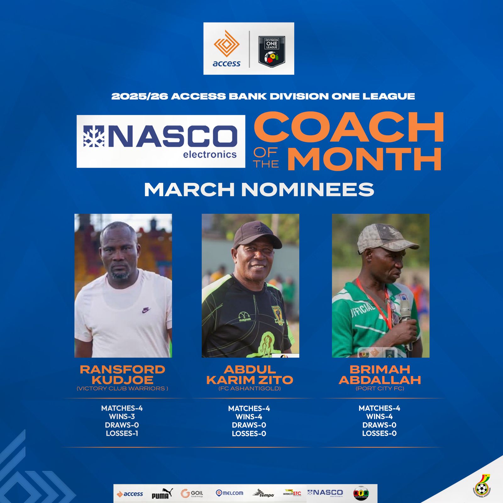 Three Coaches shortlisted for NASCO Access Bank Division One League March award
